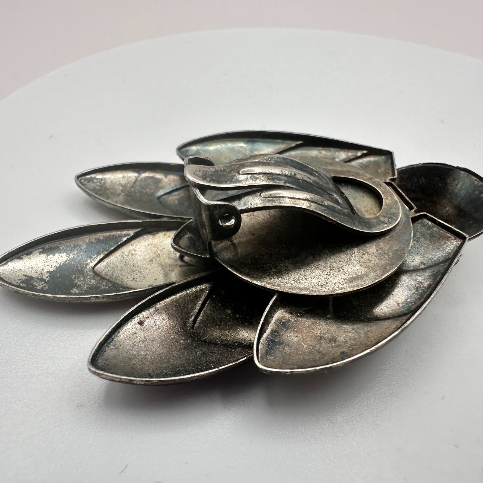Vintage 80s Silver Tone Clear Glass Earrings Floral Leaf Boho Fashion Jewelry - Thumbnail 6