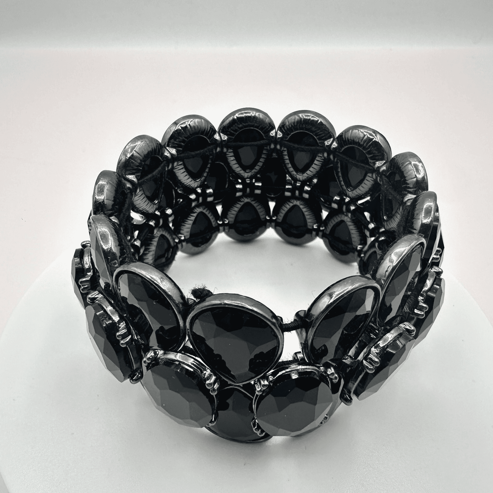 Vintage Y2K Oval & Teardrop Black Rhinestone Wide Cuff Stretch Bracelet Jewelry