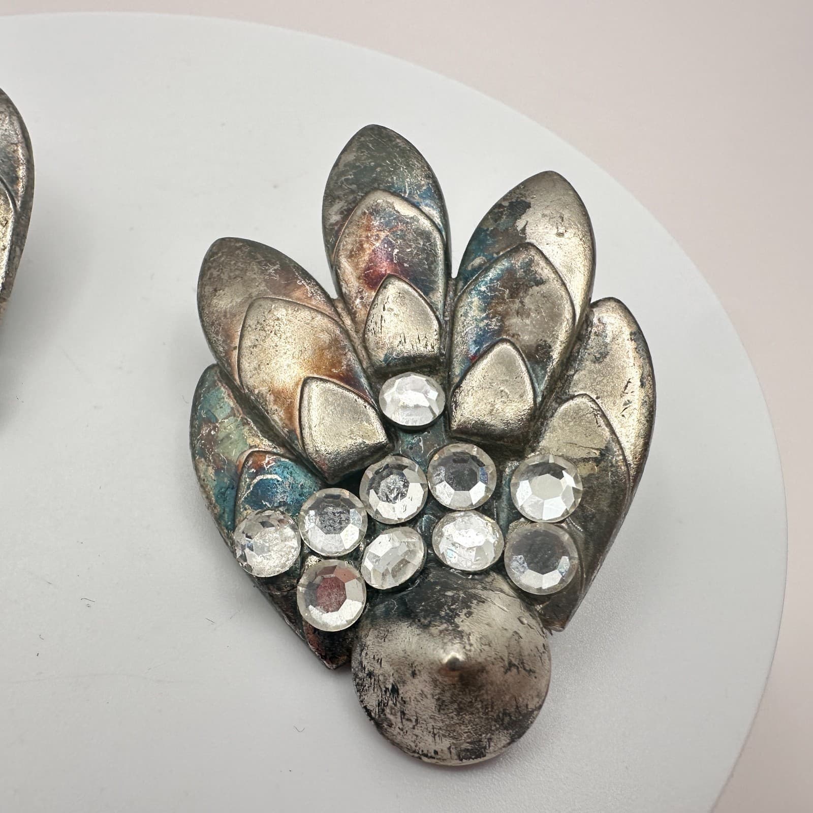 Vintage 80s Silver Tone Clear Glass Earrings Floral Leaf Boho Fashion Jewelry - Thumbnail 4