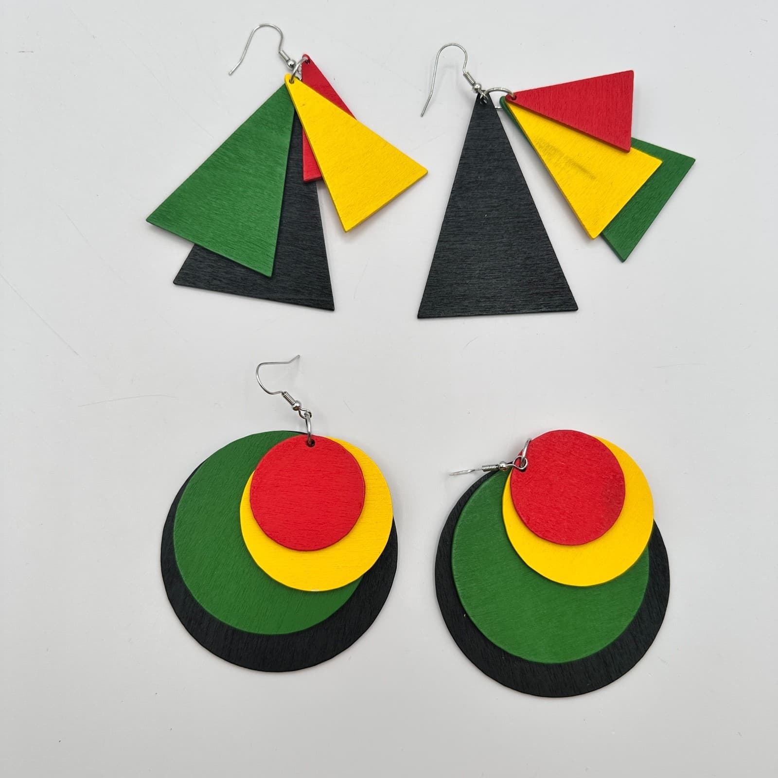 Vintage 90s Pan-African Wood Dangle Earrings Set Geometric Boho Fashion Jewelry - Thumbnail 2