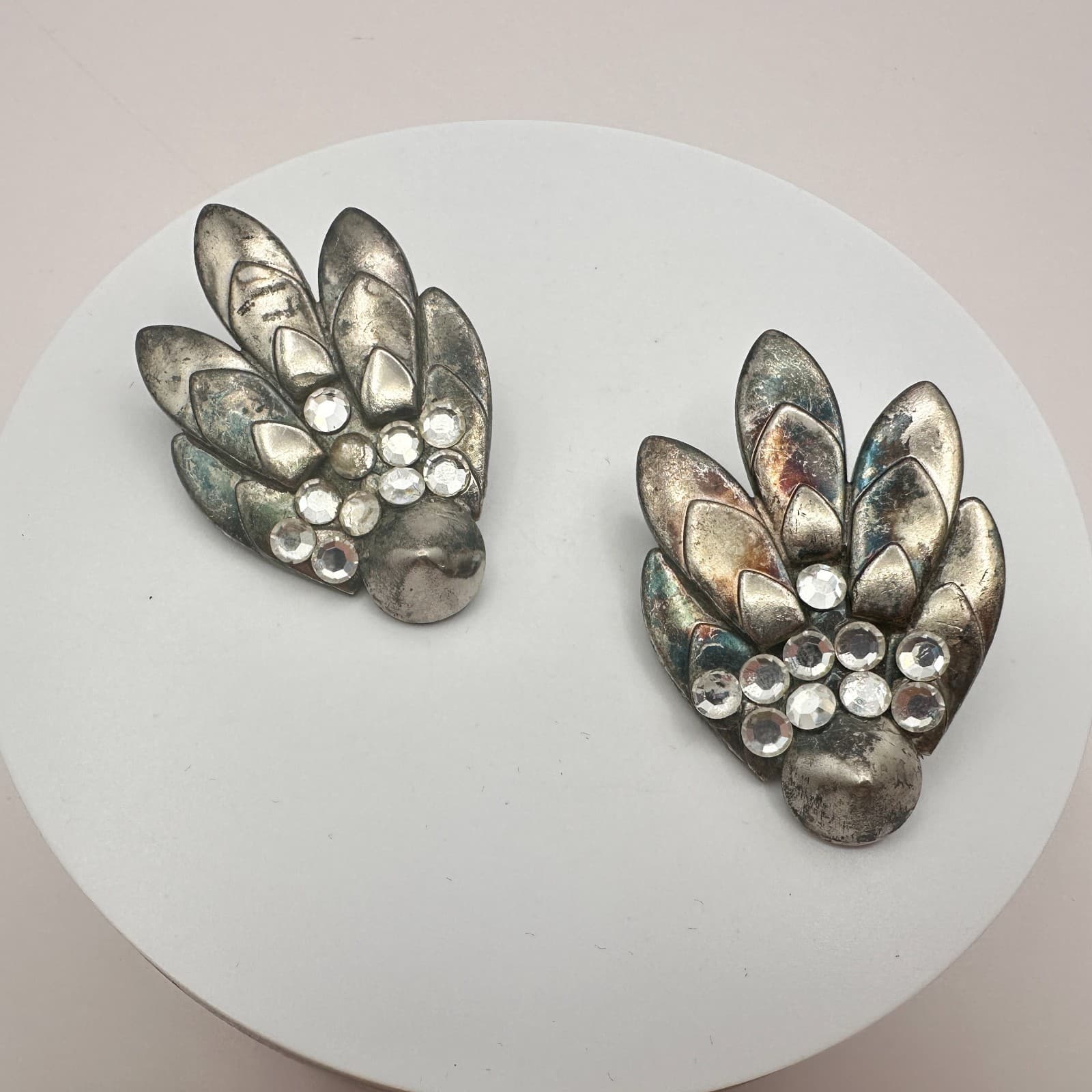 Vintage 80s Silver Tone Clear Glass Earrings Floral Leaf Boho Fashion Jewelry - Thumbnail 2