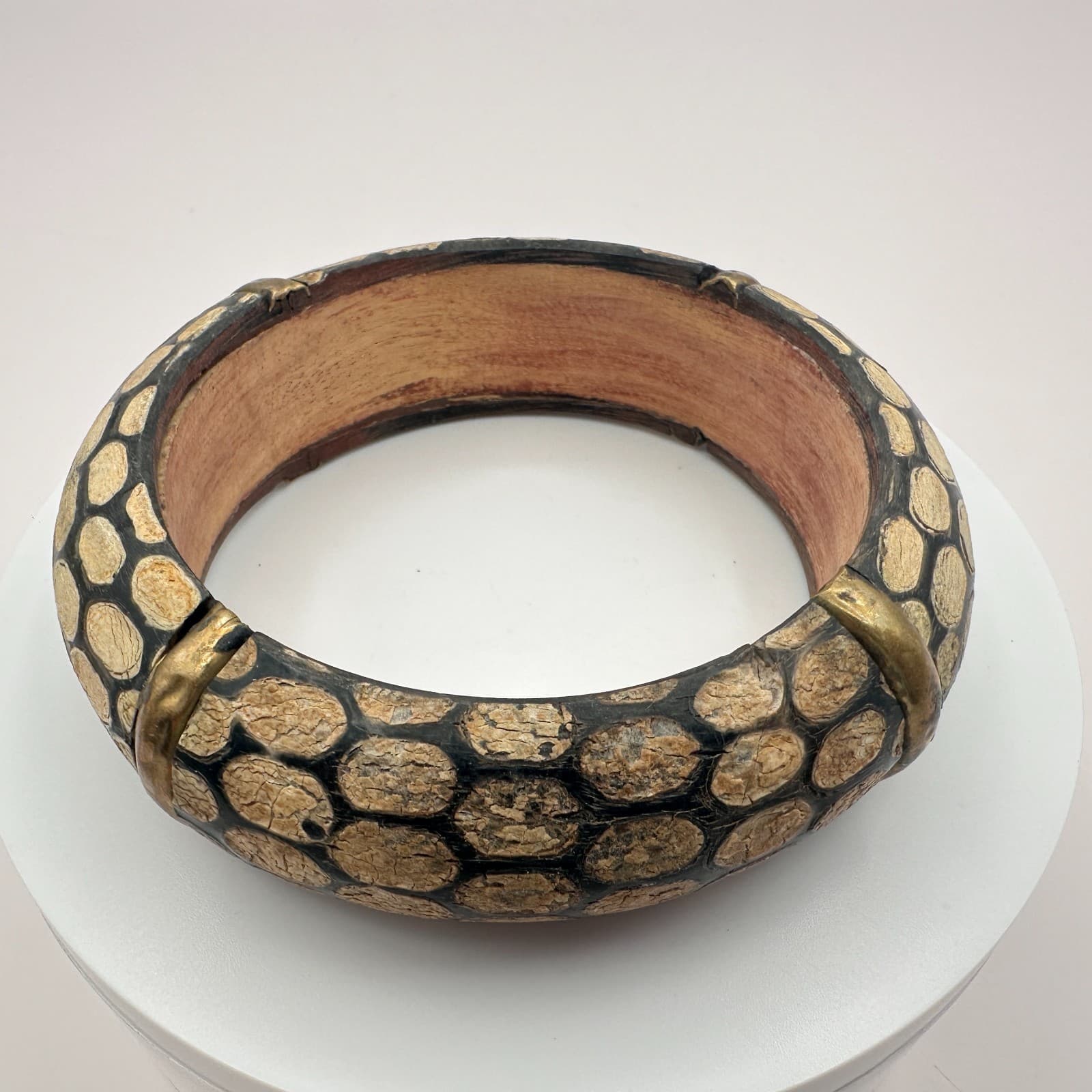 Vintage 90s Y2K Boho Chunky Wooden Bangle Snake Skin Pattern Statement Jewelry - Thumbnail 3