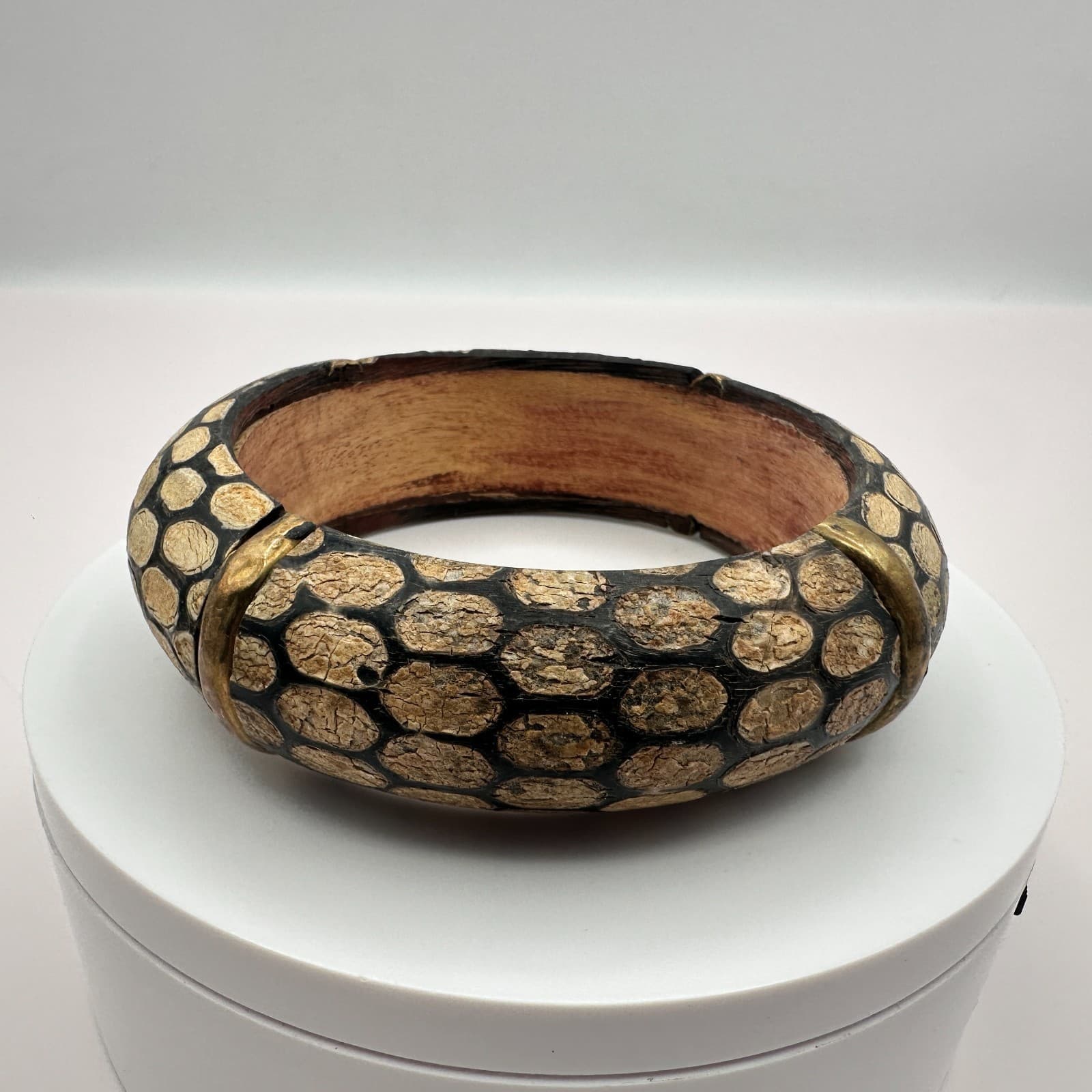 Vintage 90s Y2K Boho Chunky Wooden Bangle Snake Skin Pattern Statement Jewelry