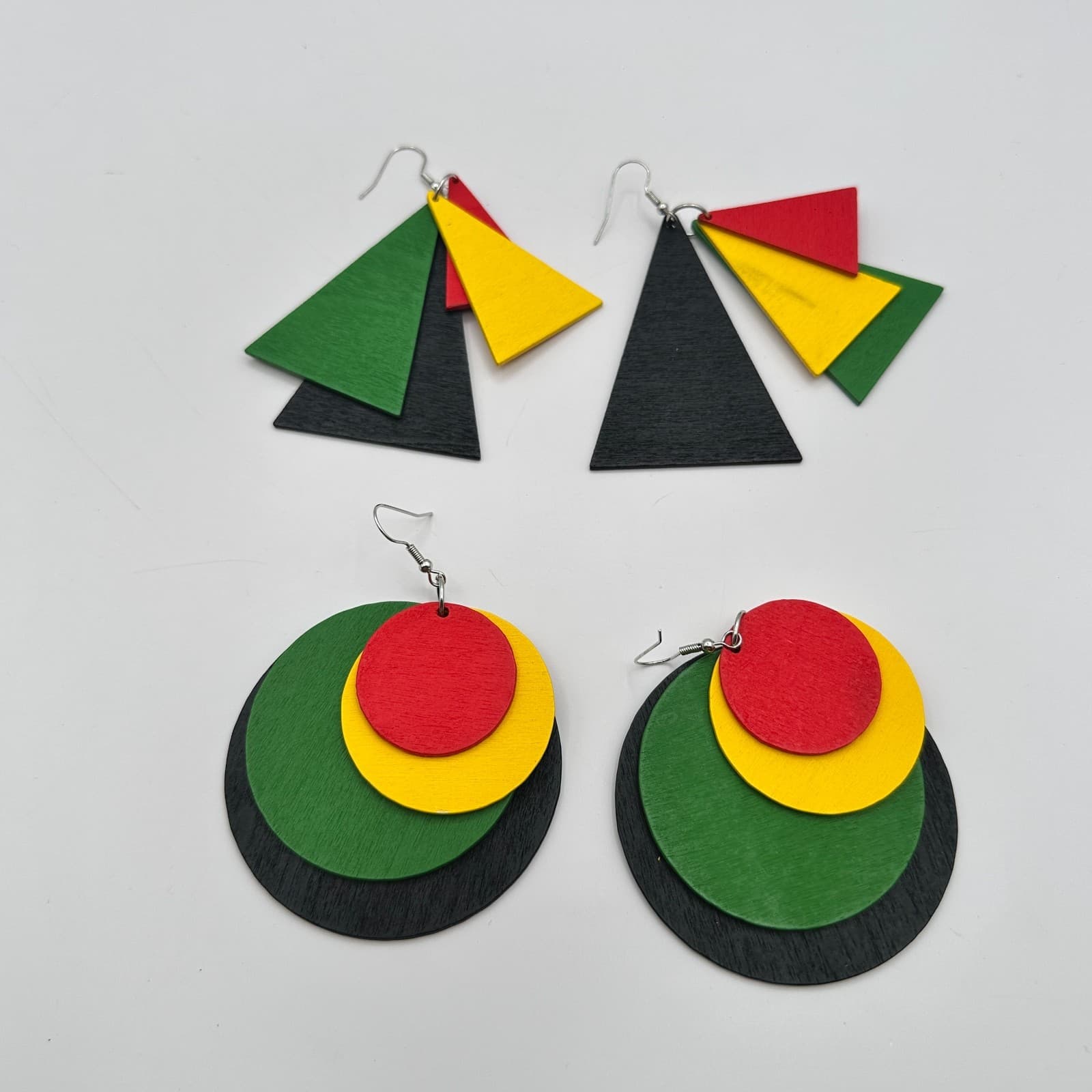 Vintage 90s Pan-African Wood Dangle Earrings Set Geometric Boho Fashion Jewelry - Thumbnail 5