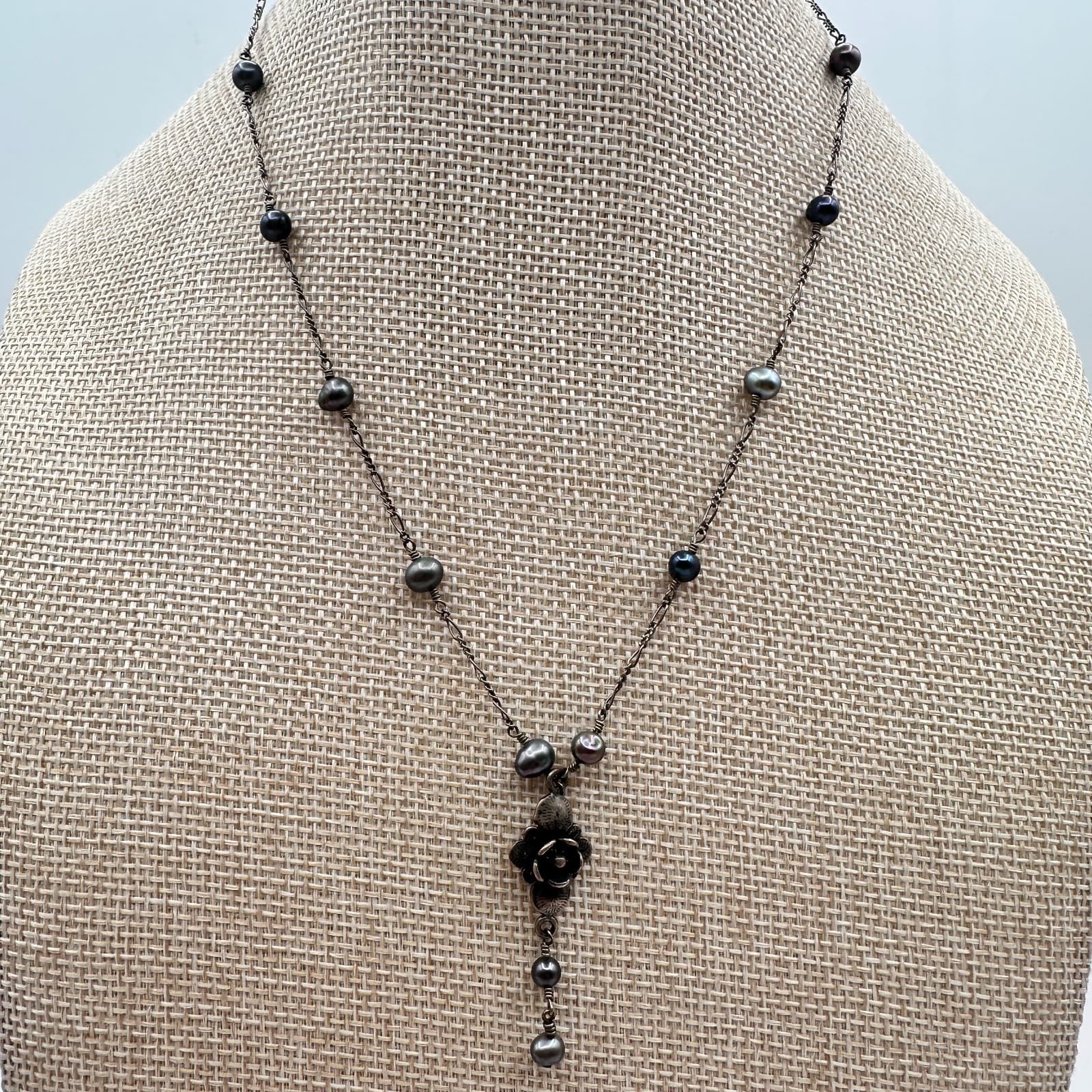 Vintage 90s Black Pearl Glass Bead Necklace Set Duo Floral Pendant Boho Jewelry - Thumbnail 6