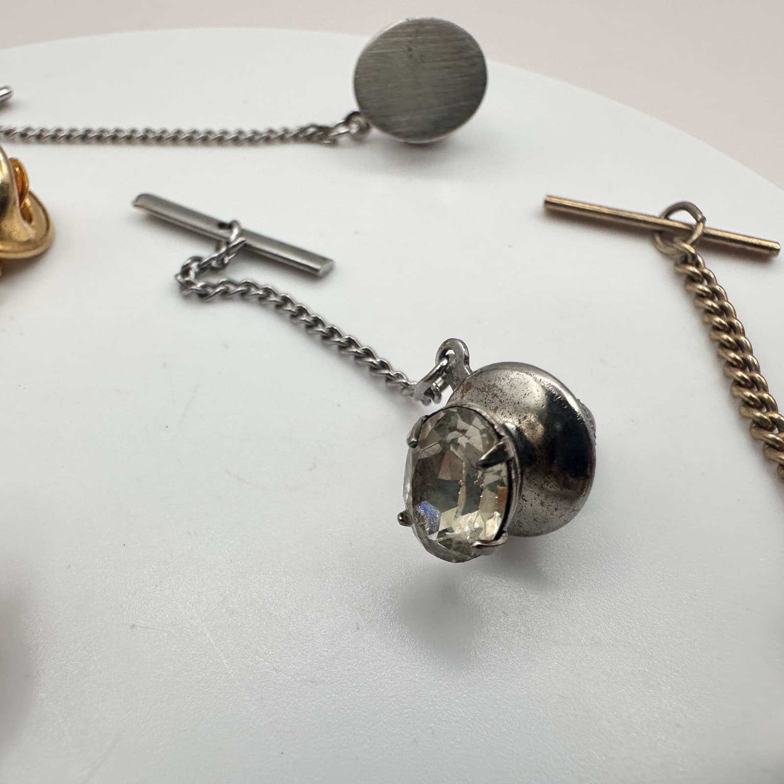 Vintage 90s Men's Tie Tack Bar Set Agate Glass Eagle Gold & Silver Tone Estate - Thumbnail 5