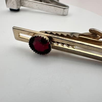 Vintage 80s Men's Tie Bar Clips Set Gold & Silver Tone Glass Stone Retro Jewelry - Thumbnail 5