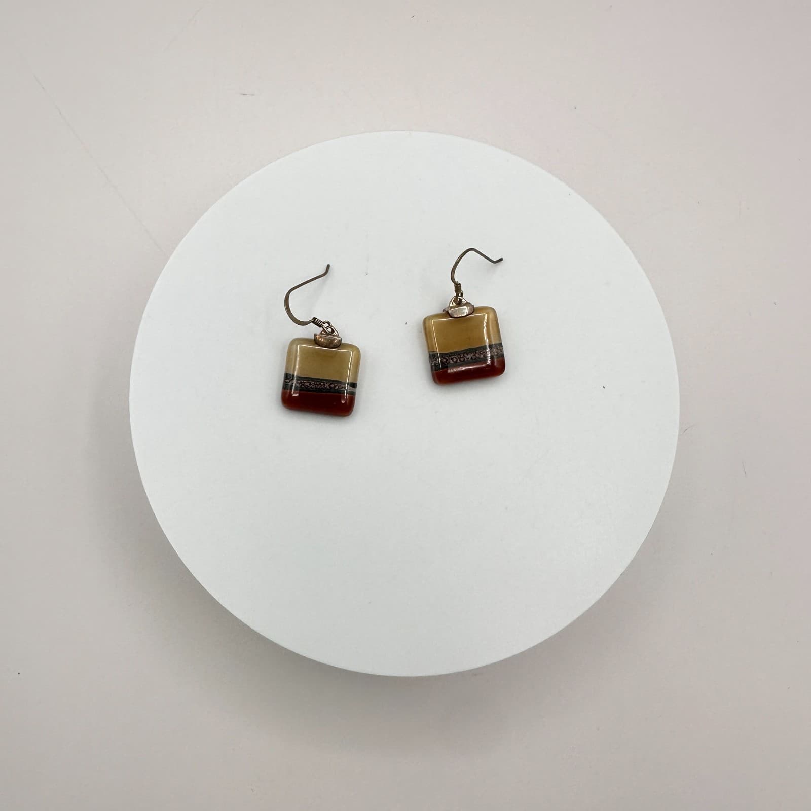 Vintage 90s Earth Tone Fused Glass Necklace Earrings Set Boho Fashion Jewelry - Thumbnail 2