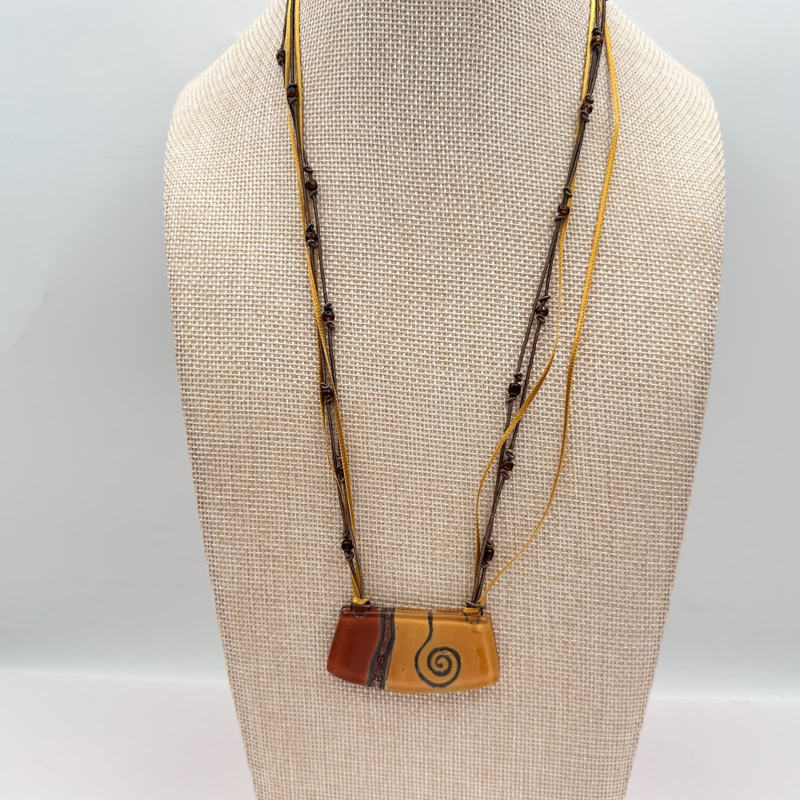 Vintage 90s Earth Tone Fused Glass Necklace Earrings Set Boho Fashion Jewelry - Thumbnail 9