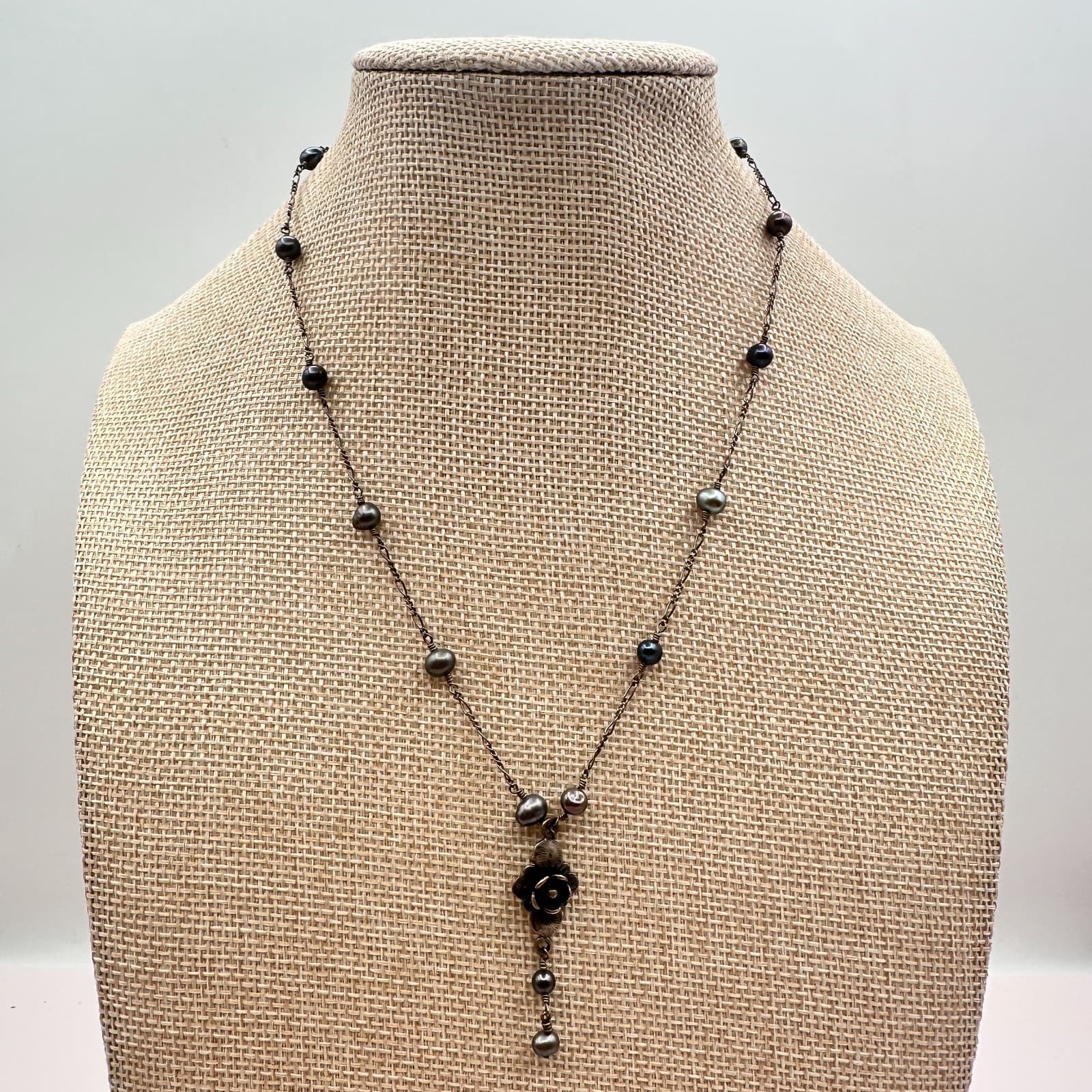 Vintage 90s Black Pearl Glass Bead Necklace Set Duo Floral Pendant Boho Jewelry - Thumbnail 7