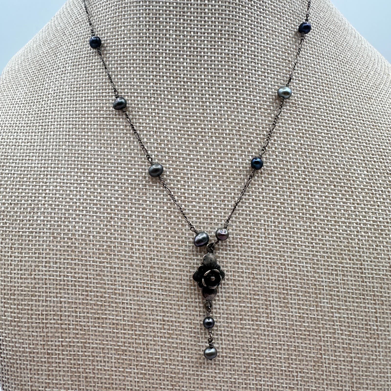 Vintage 90s Black Pearl Glass Bead Necklace Set Duo Floral Pendant Boho Jewelry - Thumbnail 9