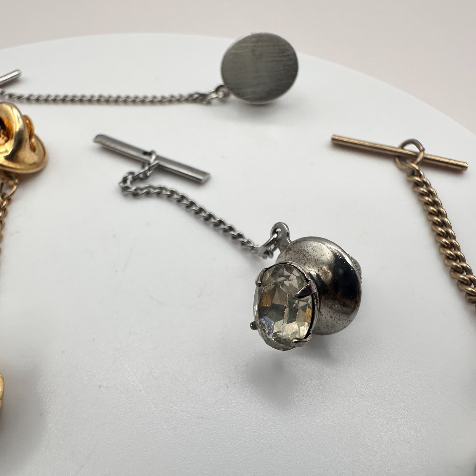 Vintage 90s Men's Tie Tack Bar Set Agate Glass Eagle Gold & Silver Tone Estate - Thumbnail 6