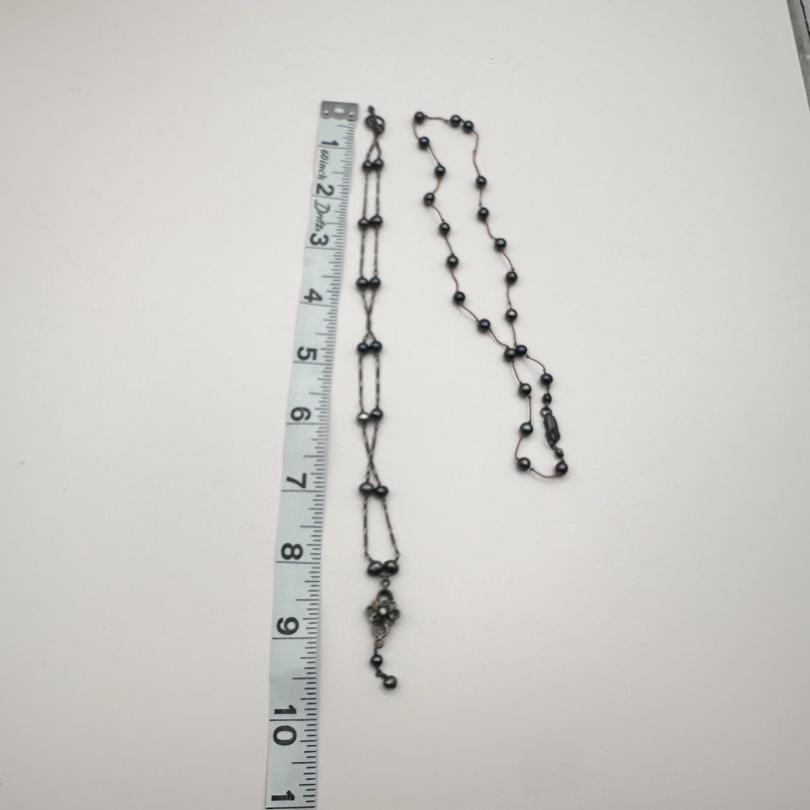 Vintage 90s Black Pearl Glass Bead Necklace Set Duo Floral Pendant Boho Jewelry - Thumbnail 10