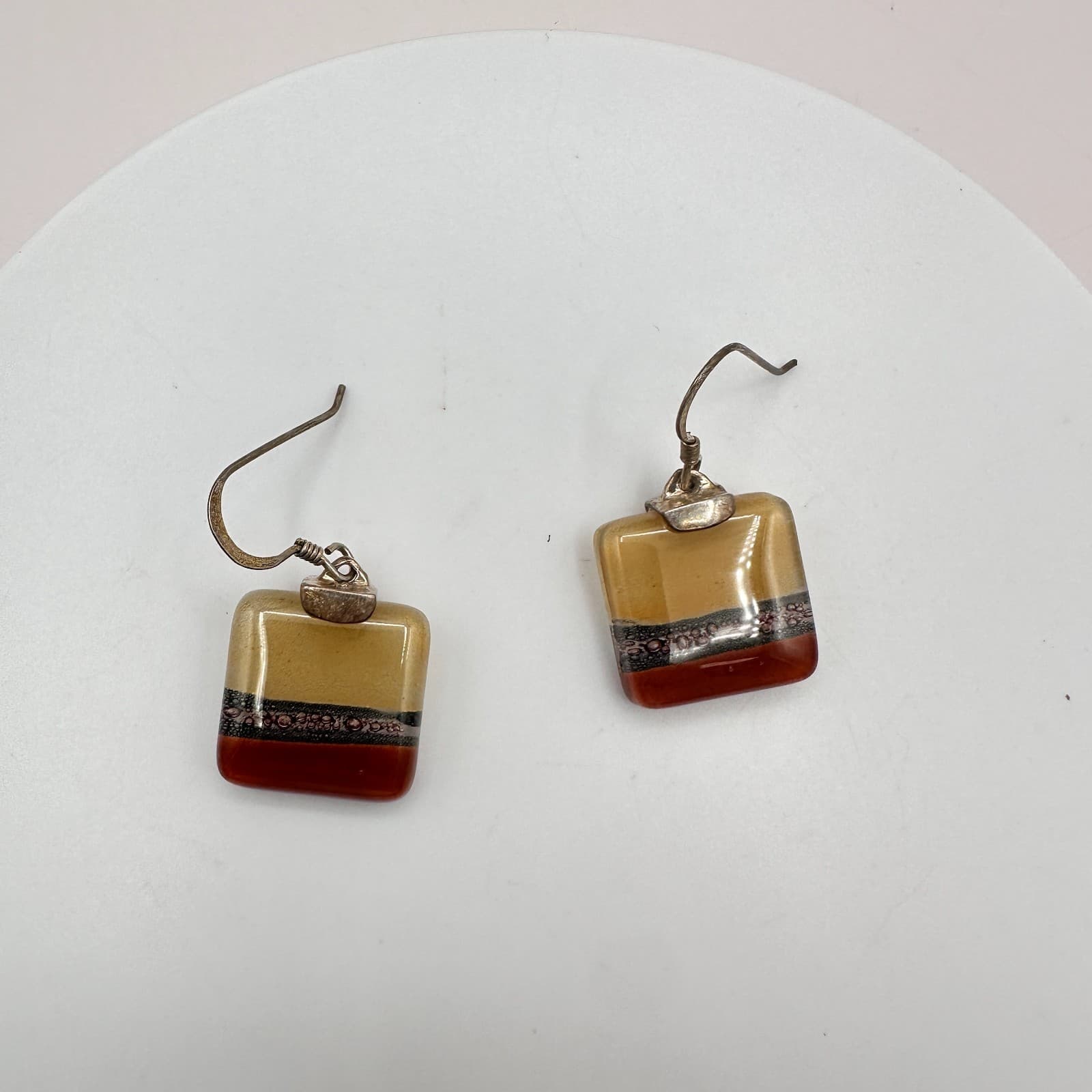Vintage 90s Earth Tone Fused Glass Necklace Earrings Set Boho Fashion Jewelry - Thumbnail 3