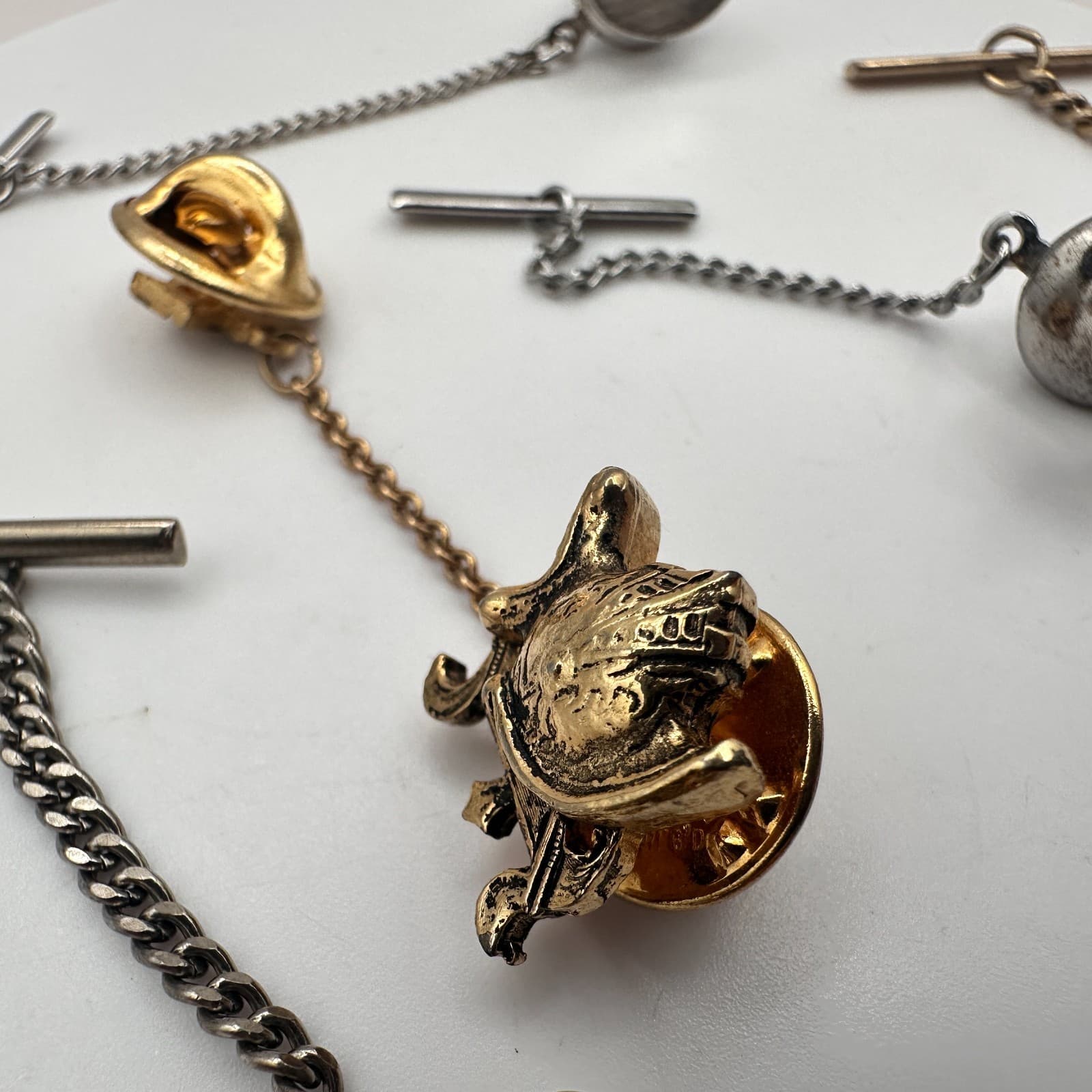 Vintage 90s Men's Tie Tack Bar Set Agate Glass Eagle Gold & Silver Tone Estate - Thumbnail 8