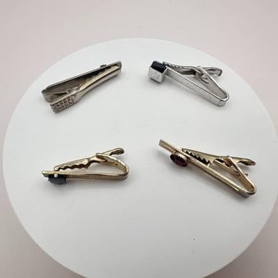 Vintage 80s Men's Tie Bar Clips Set Gold & Silver Tone Glass Stone Retro Jewelry - Thumbnail 2