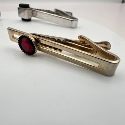 Vintage 80s Men's Tie Bar Clips Set Gold & Silver Tone Glass Stone Retro Jewelry - Thumbnail 3
