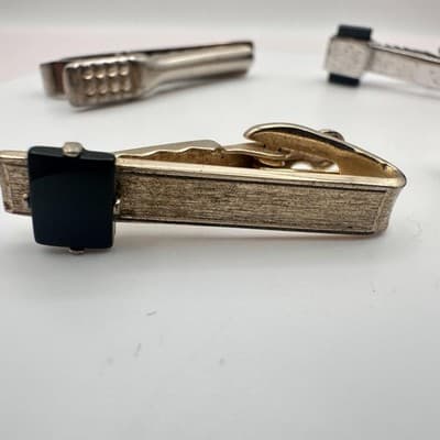 Vintage 80s Men's Tie Bar Clips Set Gold & Silver Tone Glass Stone Retro Jewelry - Thumbnail 4