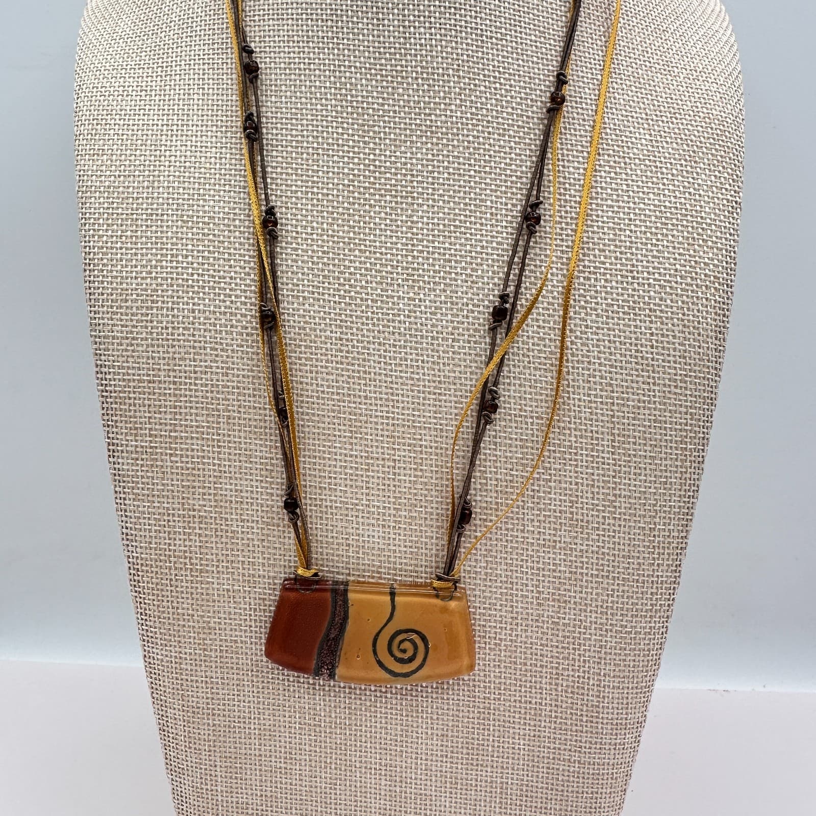 Vintage 90s Earth Tone Fused Glass Necklace Earrings Set Boho Fashion Jewelry - Thumbnail 6