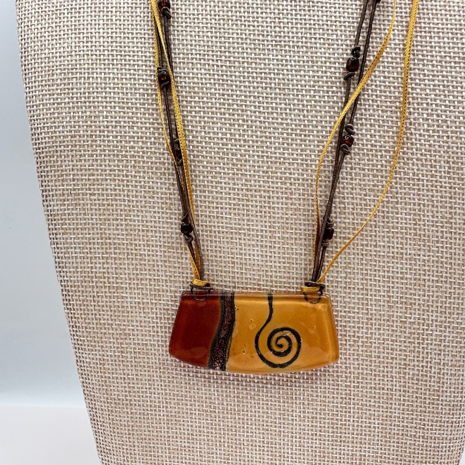 Vintage 90s Earth Tone Fused Glass Necklace Earrings Set Boho Fashion Jewelry - Thumbnail 8
