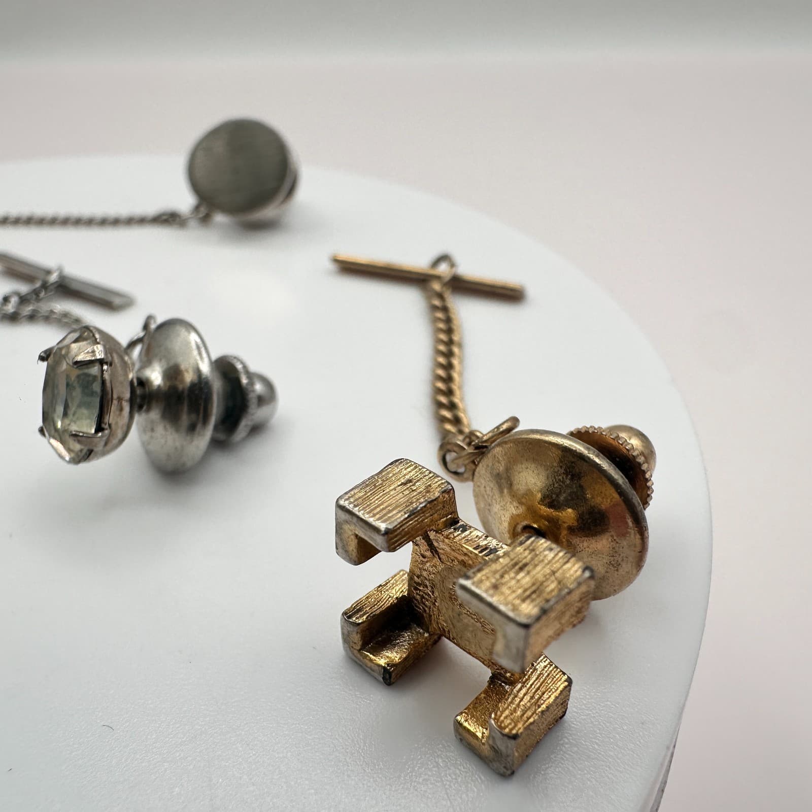 Vintage 90s Men's Tie Tack Bar Set Agate Glass Eagle Gold & Silver Tone Estate - Thumbnail 4