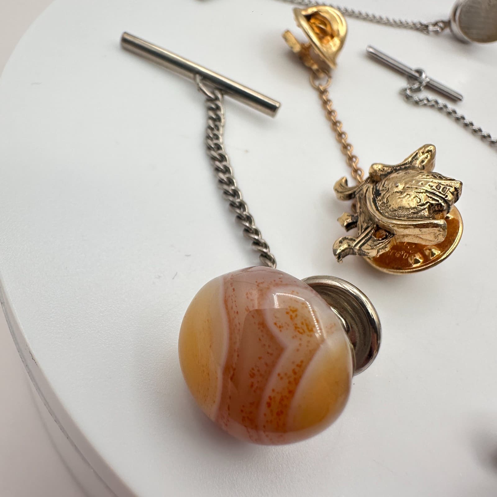 Vintage 90s Men's Tie Tack Bar Set Agate Glass Eagle Gold & Silver Tone Estate - Thumbnail 2