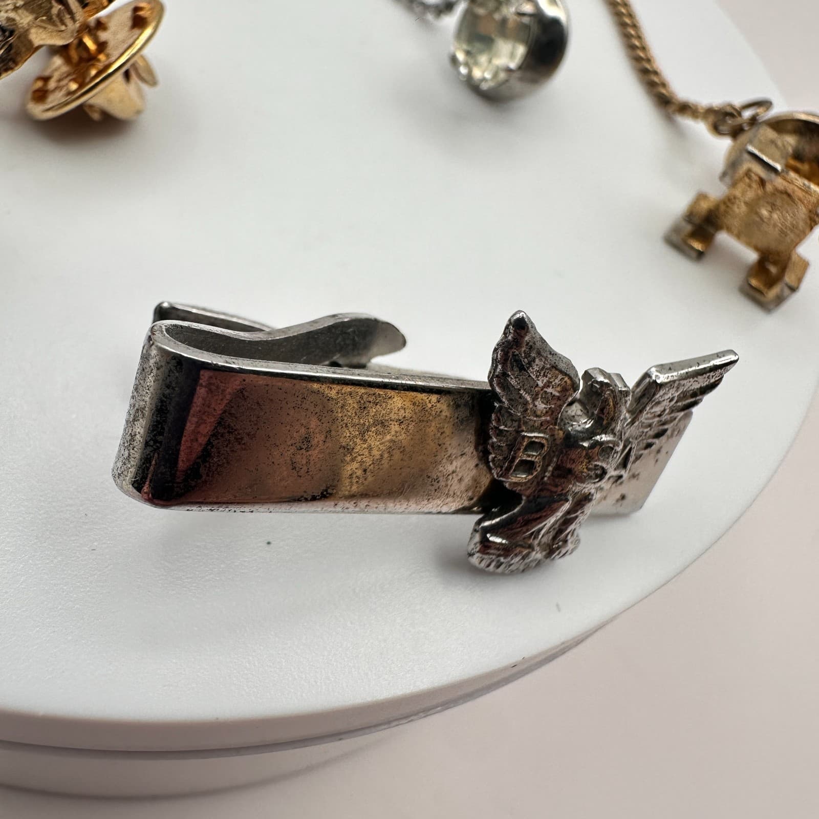 Vintage 90s Men's Tie Tack Bar Set Agate Glass Eagle Gold & Silver Tone Estate - Thumbnail 3