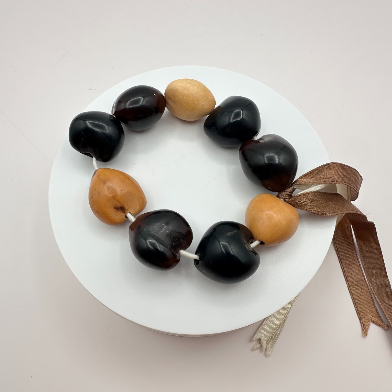Vintage Y2K Black Tan Kukui Nut Beaded Ribbon Tie Bracelet Women's Jewelry - Thumbnail 5