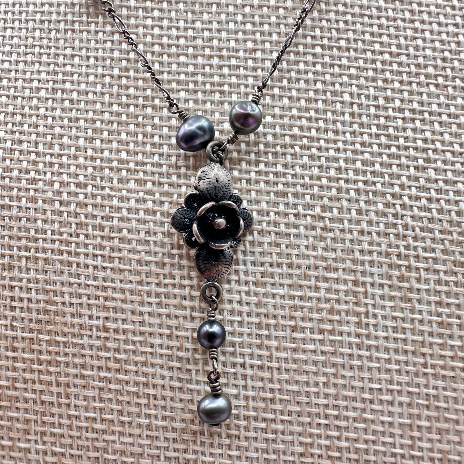 Vintage 90s Black Pearl Glass Bead Necklace Set Duo Floral Pendant Boho Jewelry - Thumbnail 8