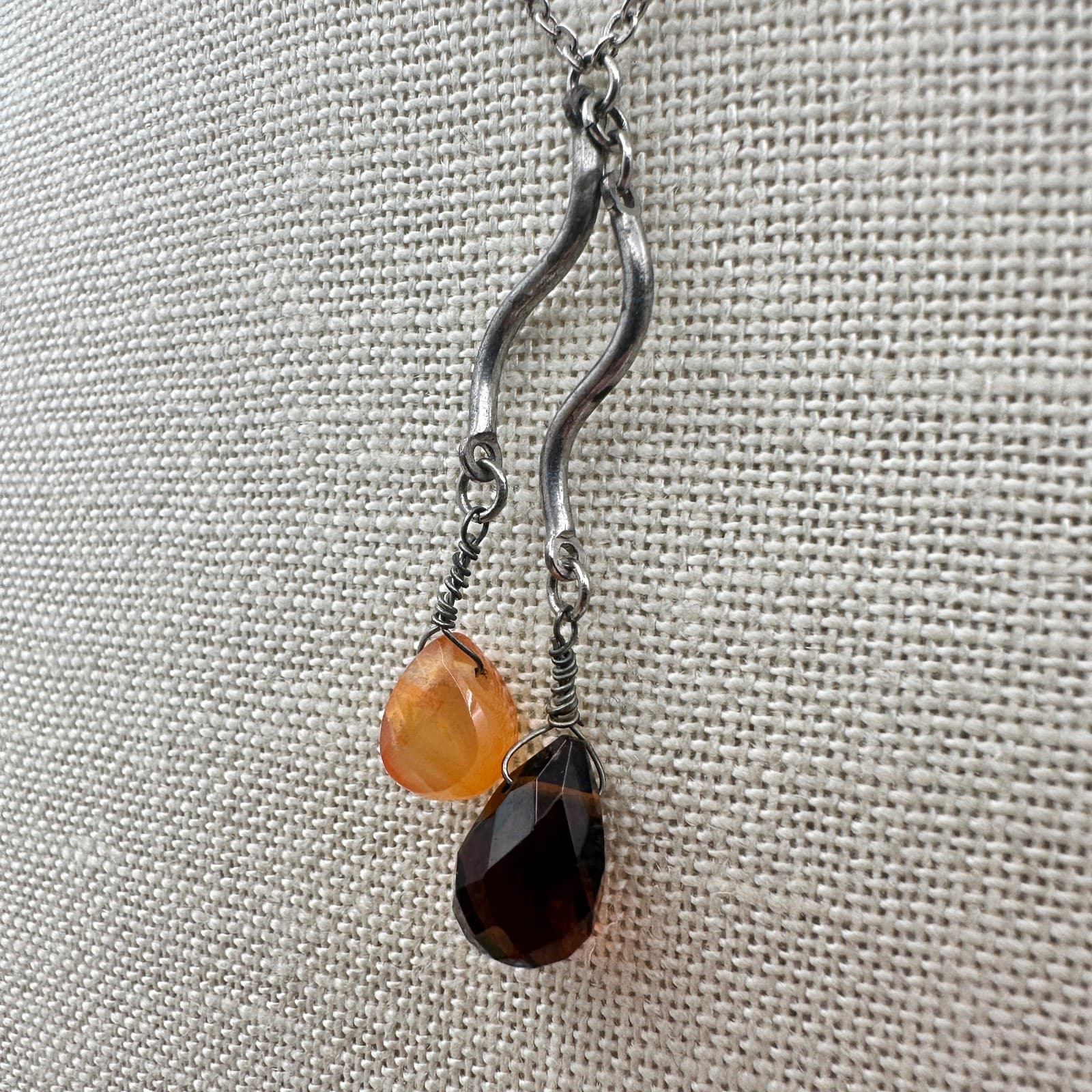 Vintage 90s Silver Tone Smoky Quartz Amber Drop Beaded Pendant Necklace Boho - Thumbnail 4
