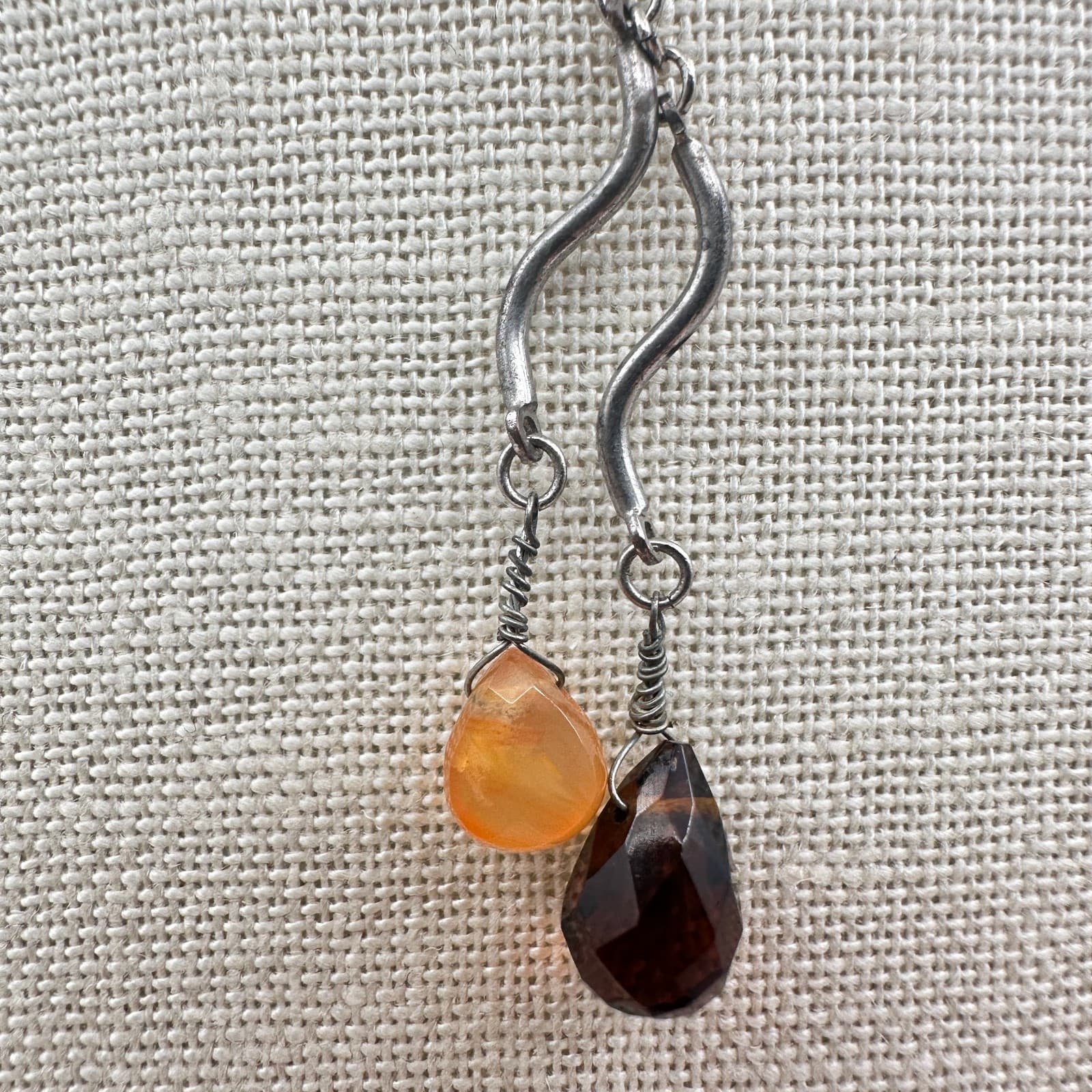 Vintage 90s Silver Tone Smoky Quartz Amber Drop Beaded Pendant Necklace Boho - Thumbnail 6