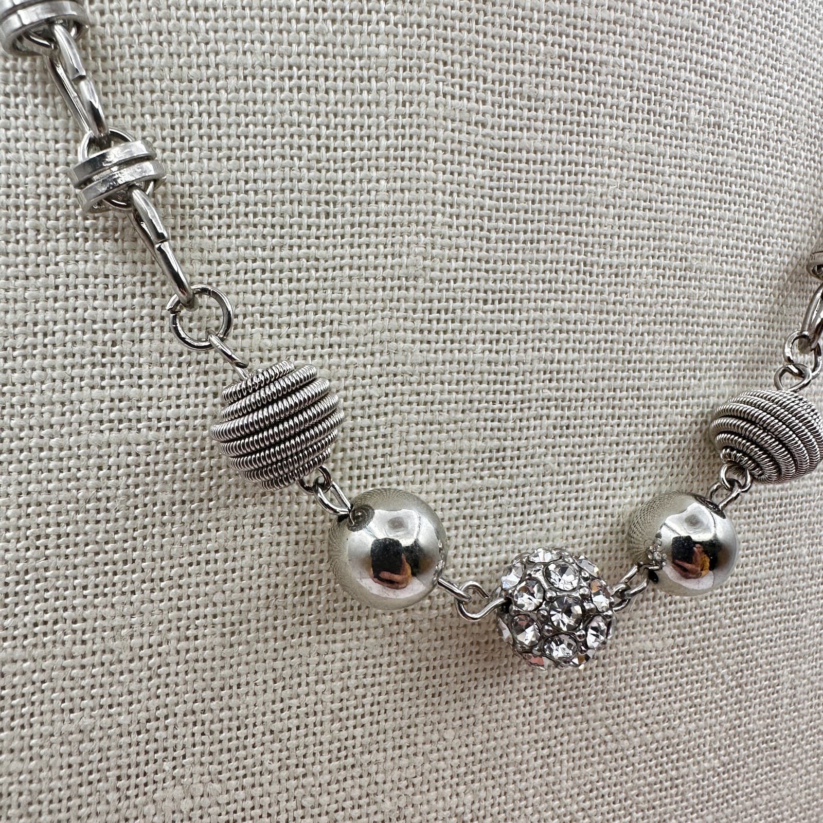 Vintage Y2K Clear Rhinestone Disco Ball Silver Tone Beaded Necklace Jewelry - Thumbnail 3