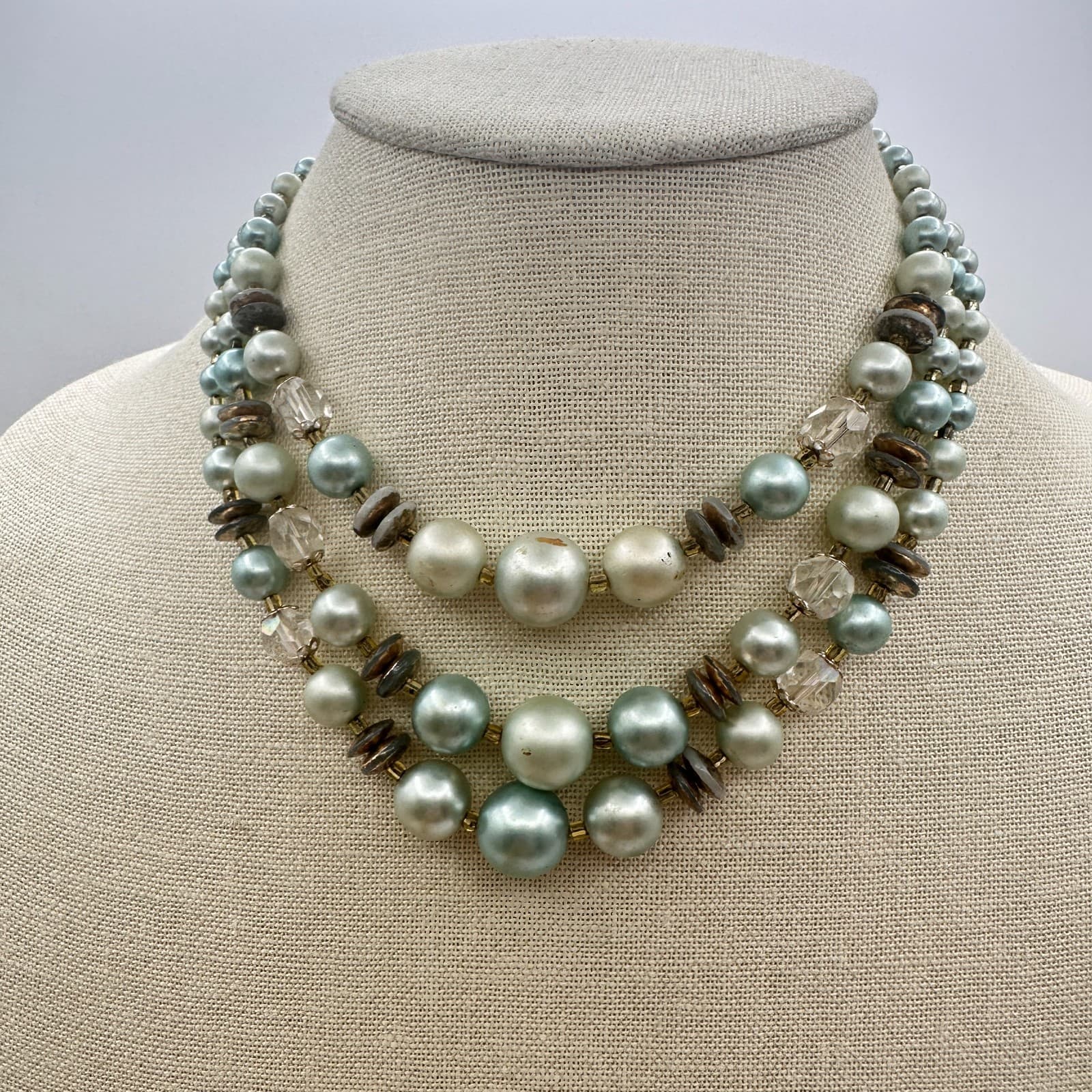 Vintage Y2K Multi Strand Faux Pearl Beaded Gold Tone Necklace Statement Jewelry - Thumbnail 6