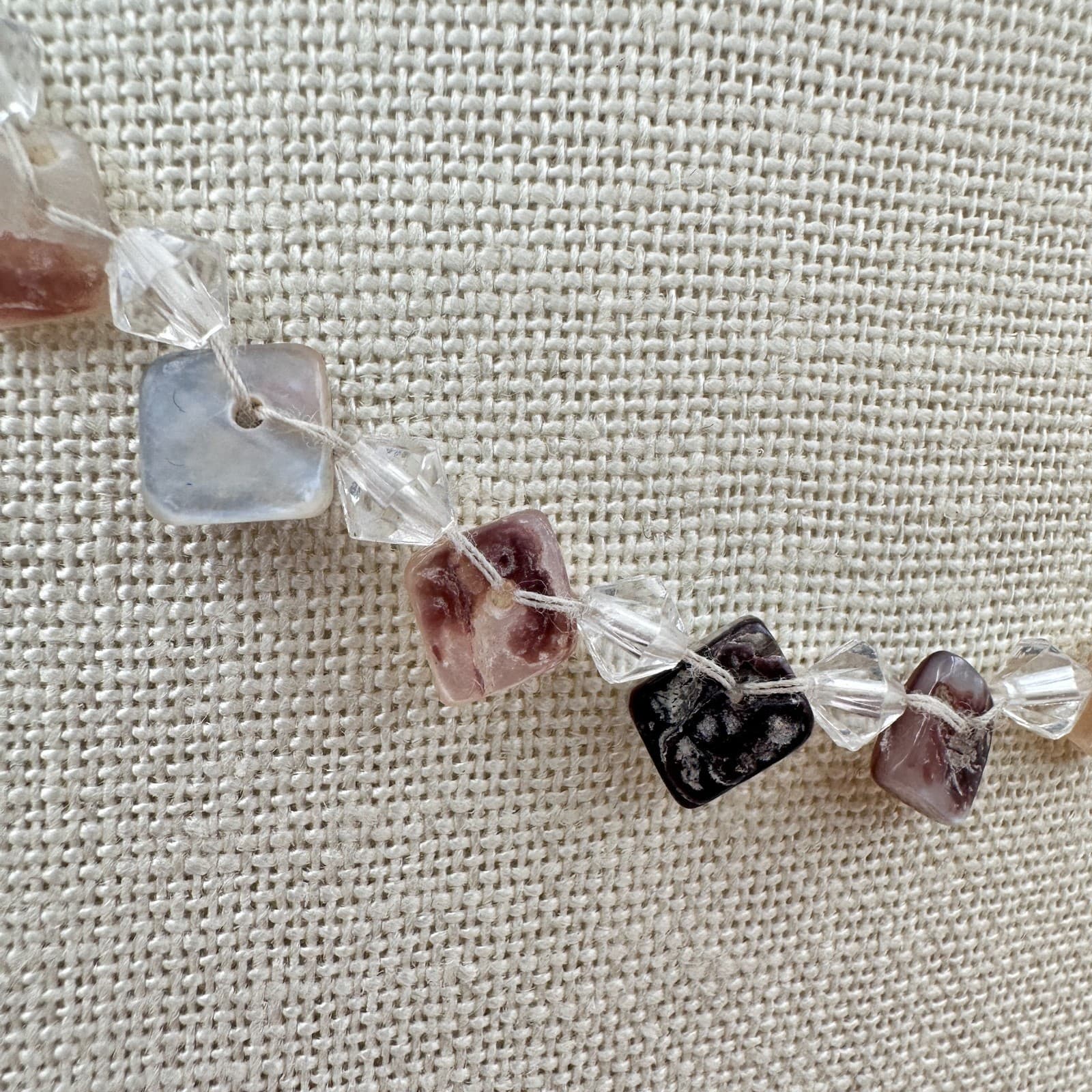 Vintage 90s Square Tile Shell Glass Beaded Choker Necklace Silver Tone Jewelry - Thumbnail 4