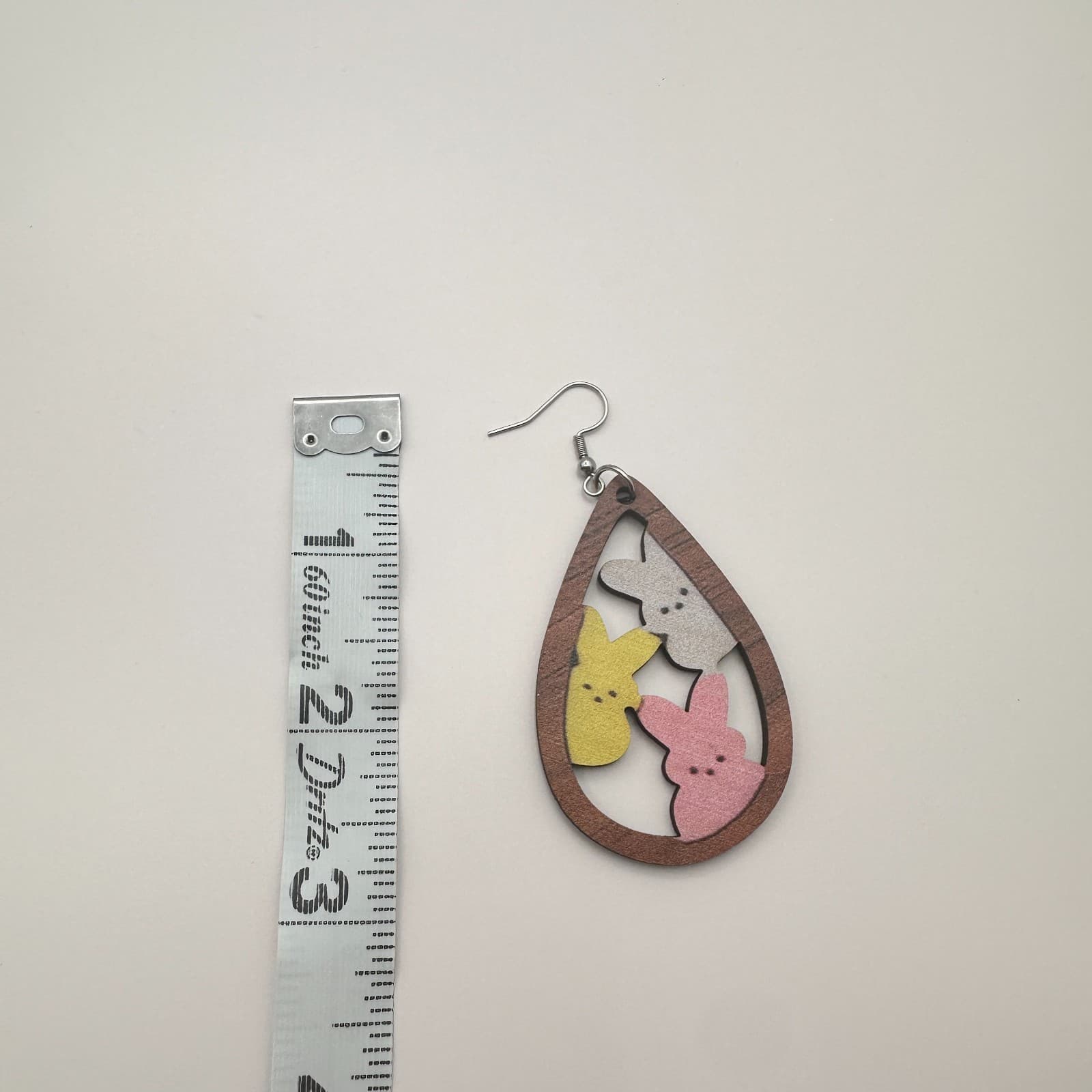 Vintage 90s Wood Teardrop Easter Peeps Bunny Dangle Earrings Fashion Jewelry - Thumbnail 6