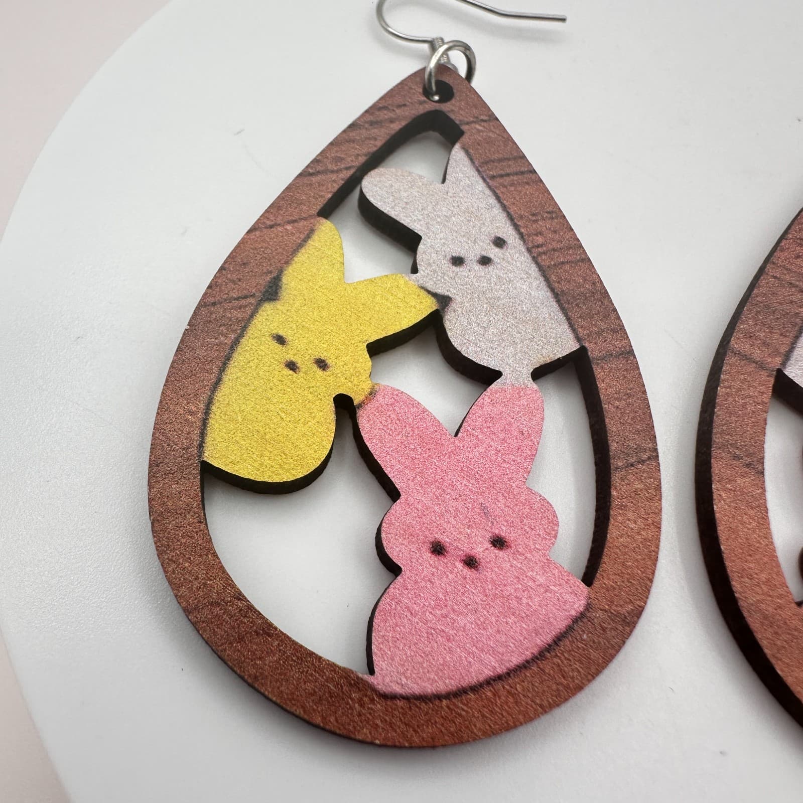 Vintage 90s Wood Teardrop Easter Peeps Bunny Dangle Earrings Fashion Jewelry - Thumbnail 5