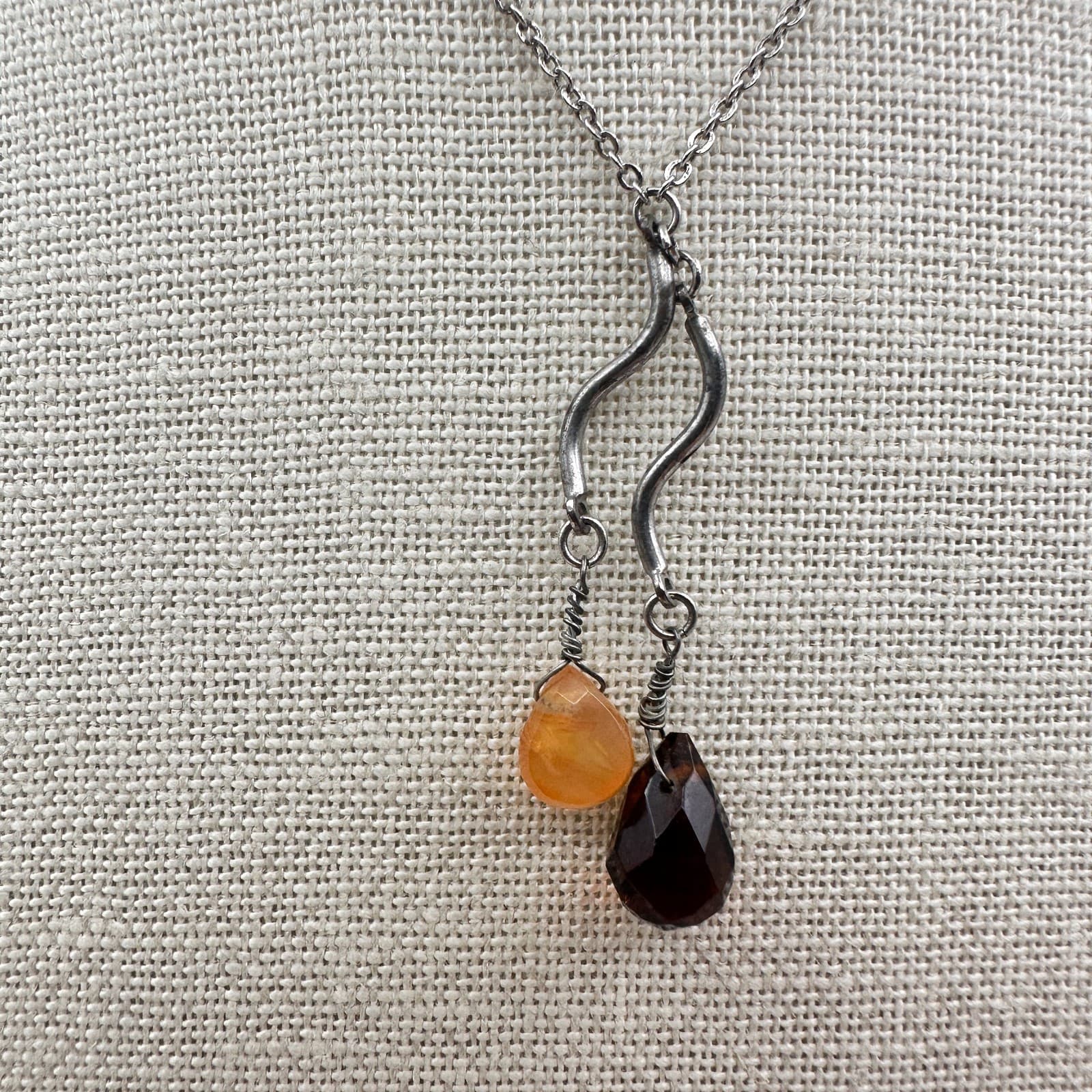 Vintage 90s Silver Tone Smoky Quartz Amber Drop Beaded Pendant Necklace Boho - Thumbnail 2