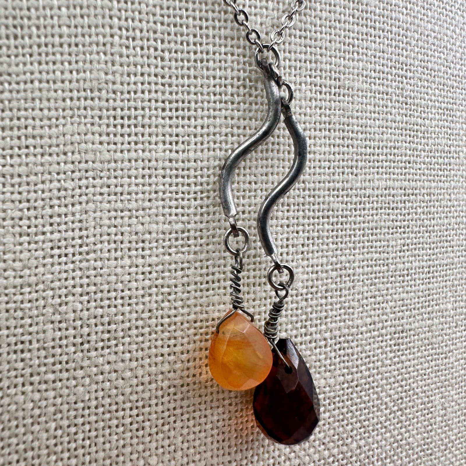 Vintage 90s Silver Tone Smoky Quartz Amber Drop Beaded Pendant Necklace Boho - Thumbnail 3