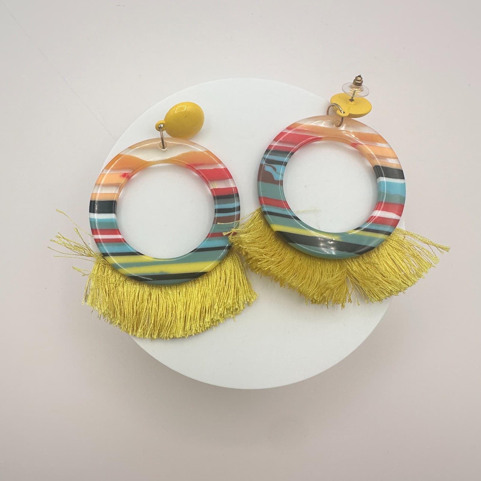 Vintage 90s Striped Hoop Earrings Yellow Tassel Boho Classic Fashion Jewelry