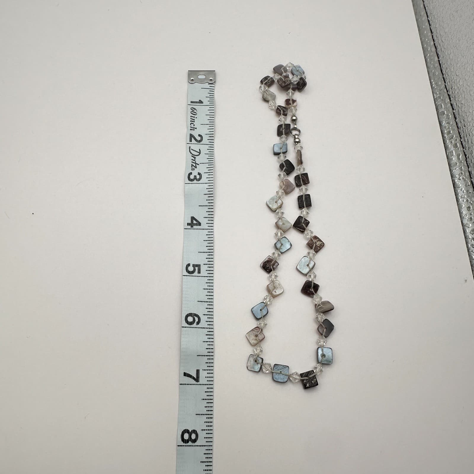 Vintage 90s Square Tile Shell Glass Beaded Choker Necklace Silver Tone Jewelry - Thumbnail 7