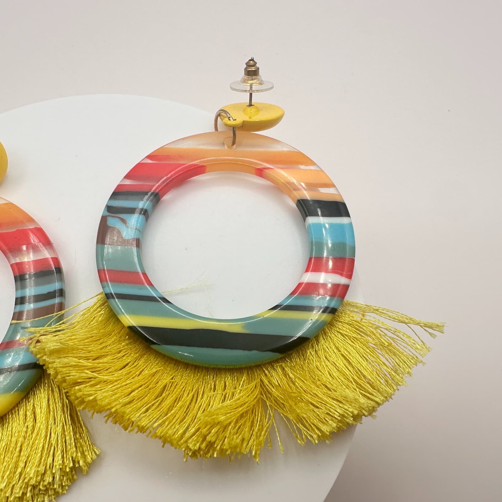 Vintage 90s Striped Hoop Earrings Yellow Tassel Boho Classic Fashion Jewelry - Thumbnail 4