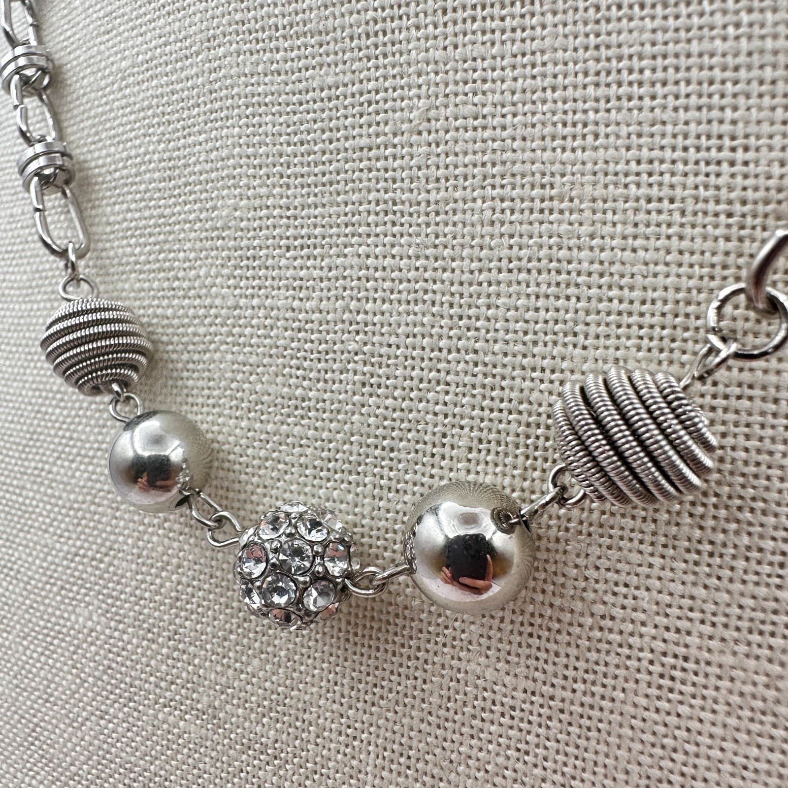 Vintage Y2K Clear Rhinestone Disco Ball Silver Tone Beaded Necklace Jewelry - Thumbnail 6