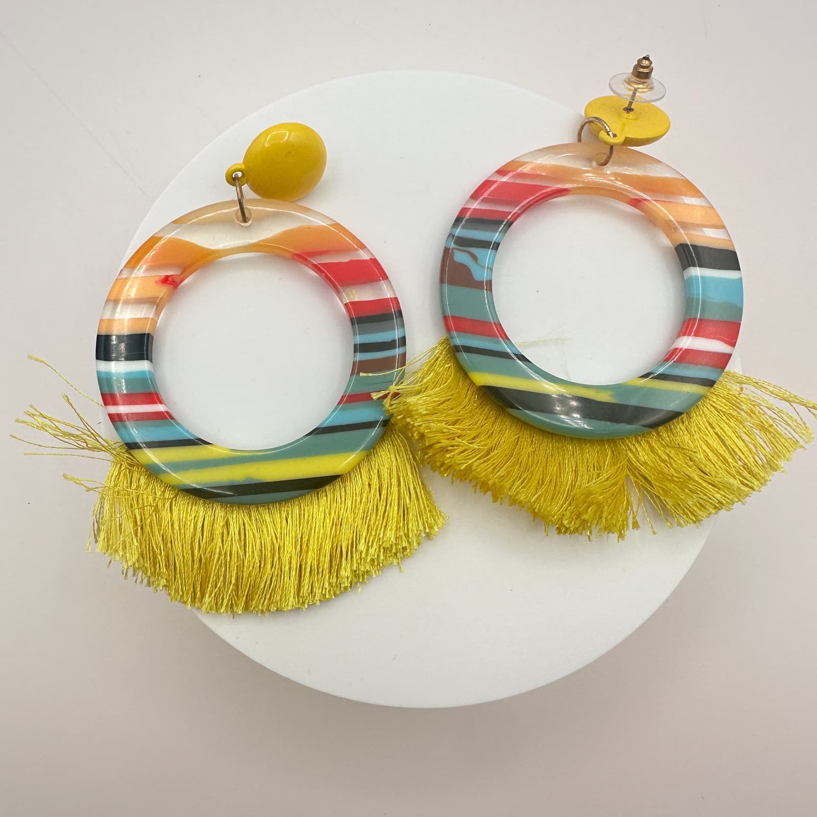 Vintage 90s Striped Hoop Earrings Yellow Tassel Boho Classic Fashion Jewelry - Thumbnail 2