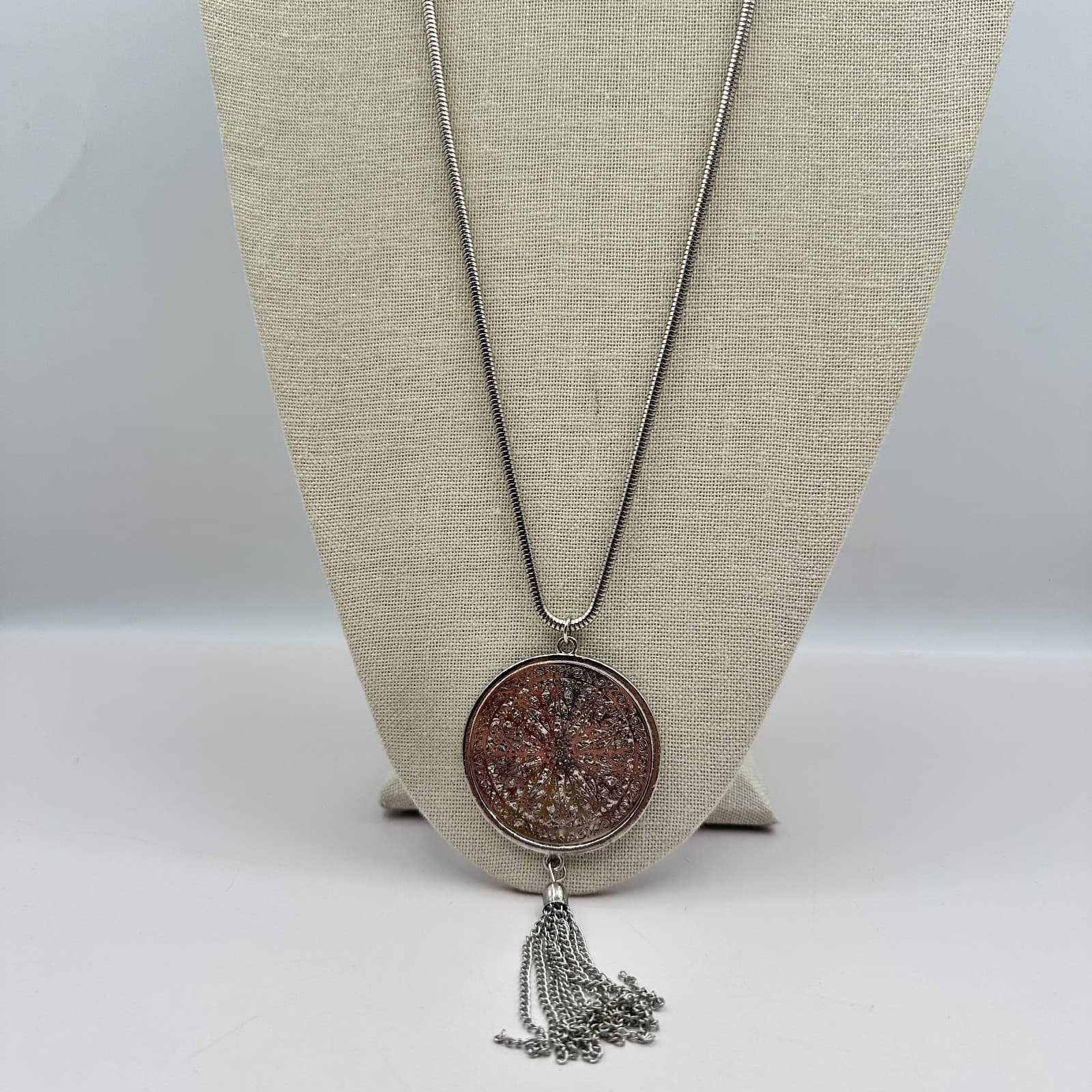 Vintage 90s Silver Tone Filigree Medallion Tassel Necklace Snake Chain Jewelry - Thumbnail 3