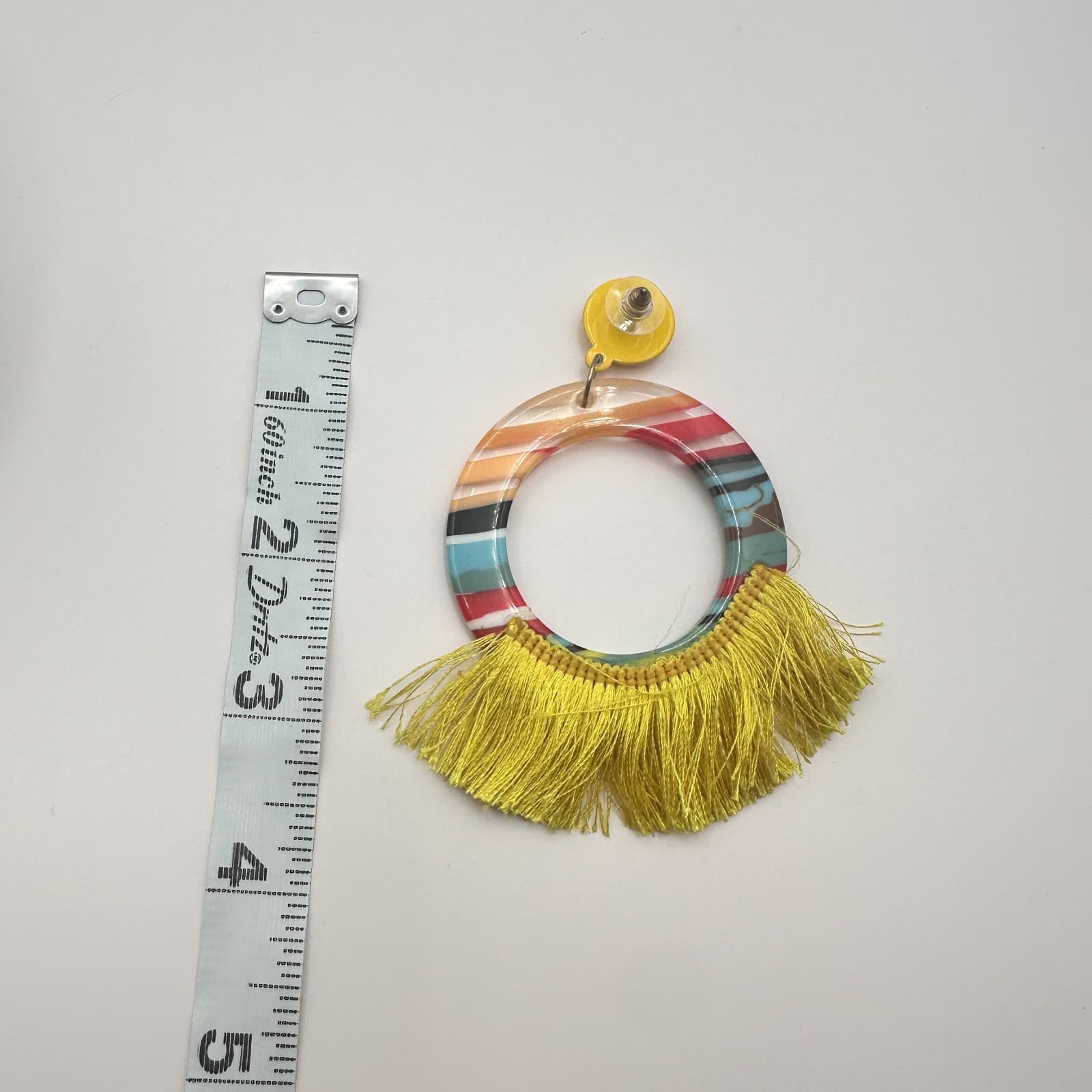 Vintage 90s Striped Hoop Earrings Yellow Tassel Boho Classic Fashion Jewelry - Thumbnail 6