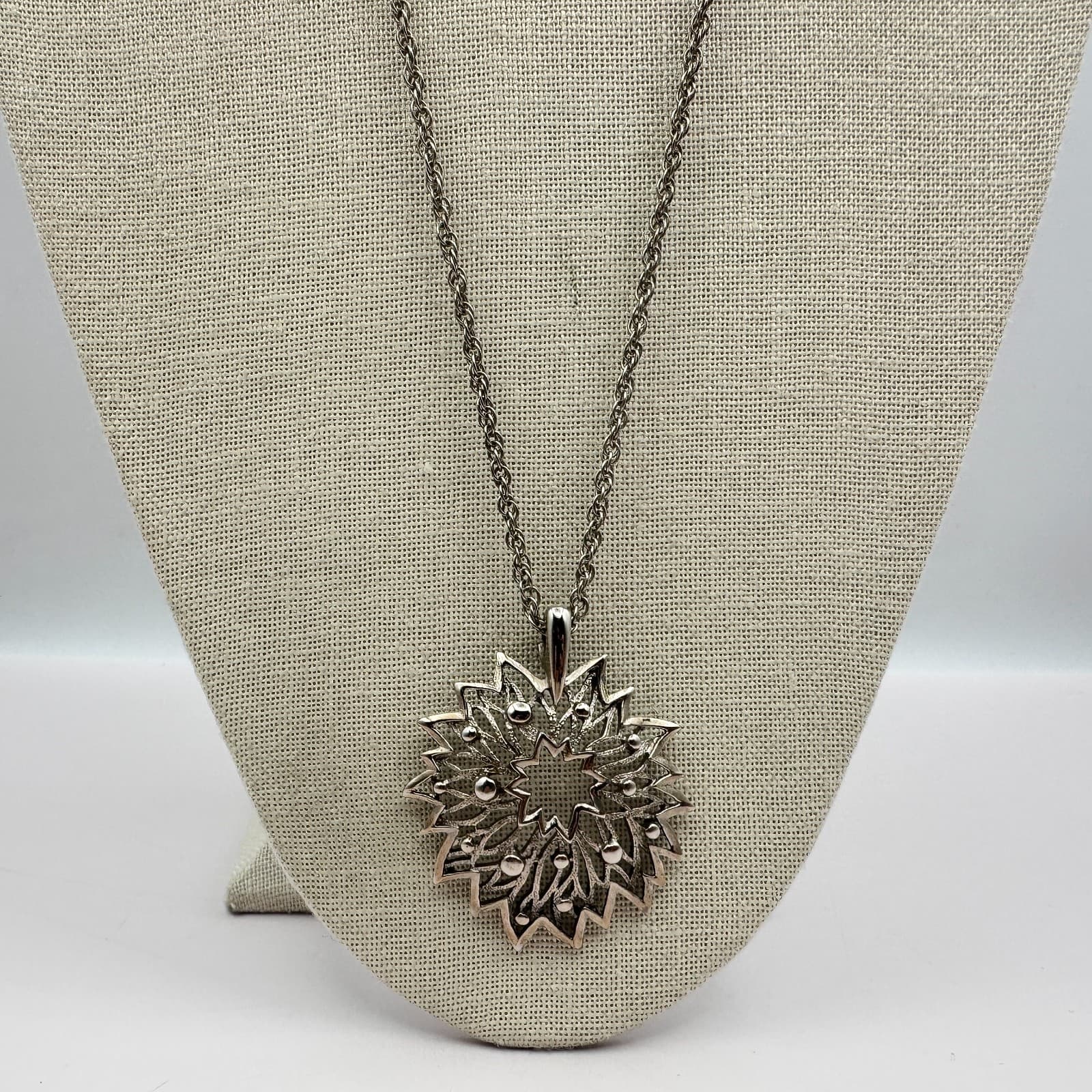 Vintage 90s Silver Tone Rope Chain Sunburst Pendant Necklace Women's Jewelry - Thumbnail 6