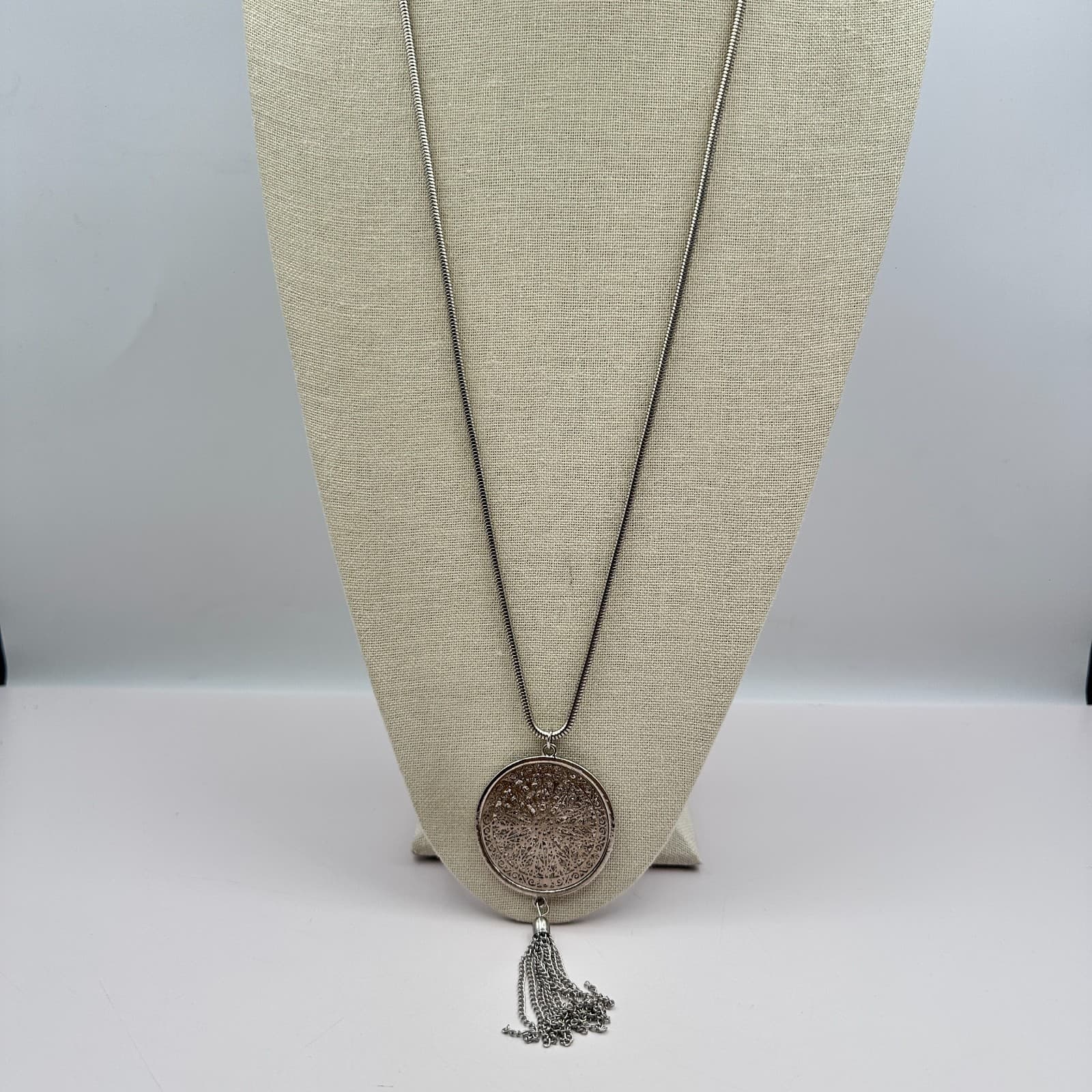 Vintage 90s Silver Tone Filigree Medallion Tassel Necklace Snake Chain Jewelry - Thumbnail 2