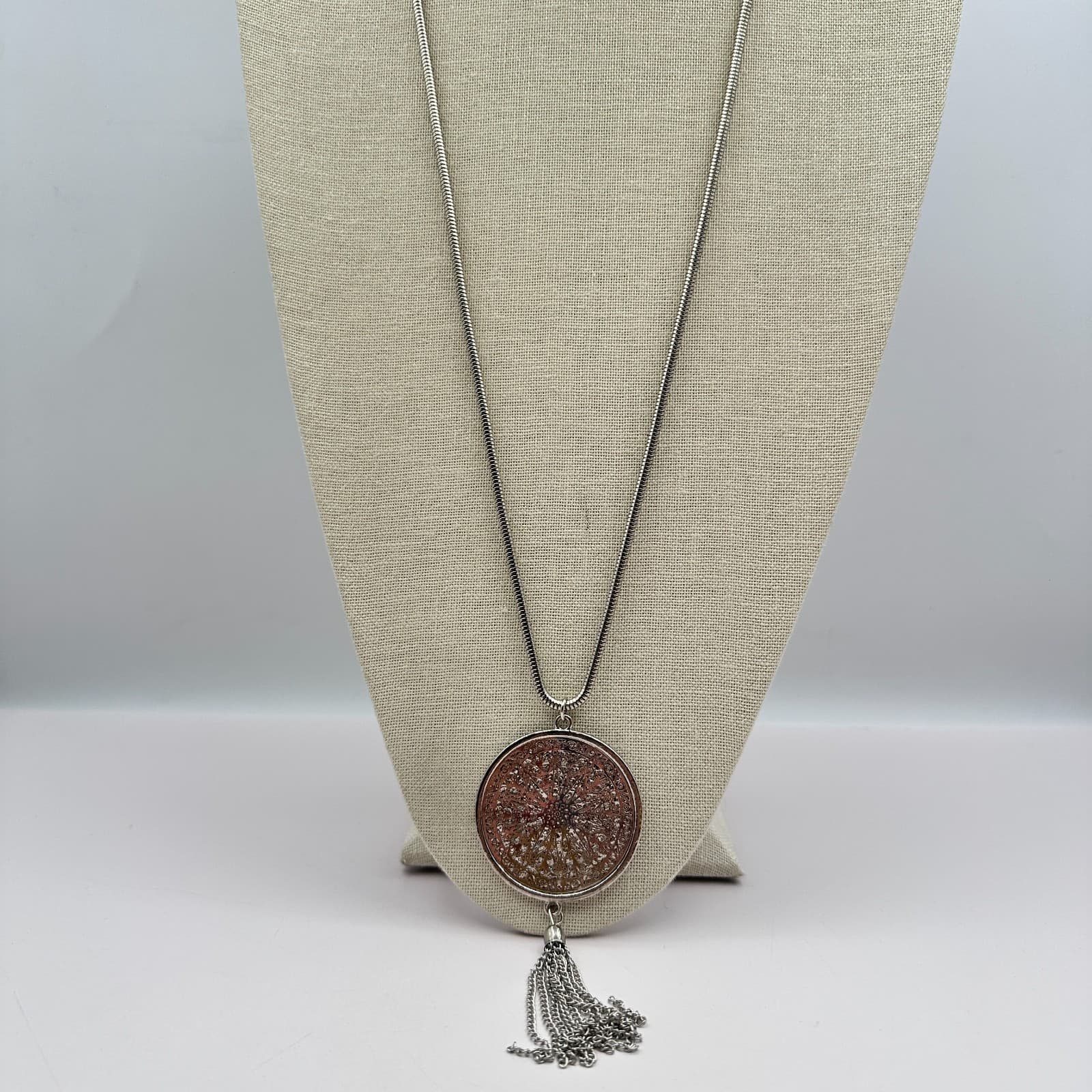 Vintage 90s Silver Tone Filigree Medallion Tassel Necklace Snake Chain Jewelry - Thumbnail 4
