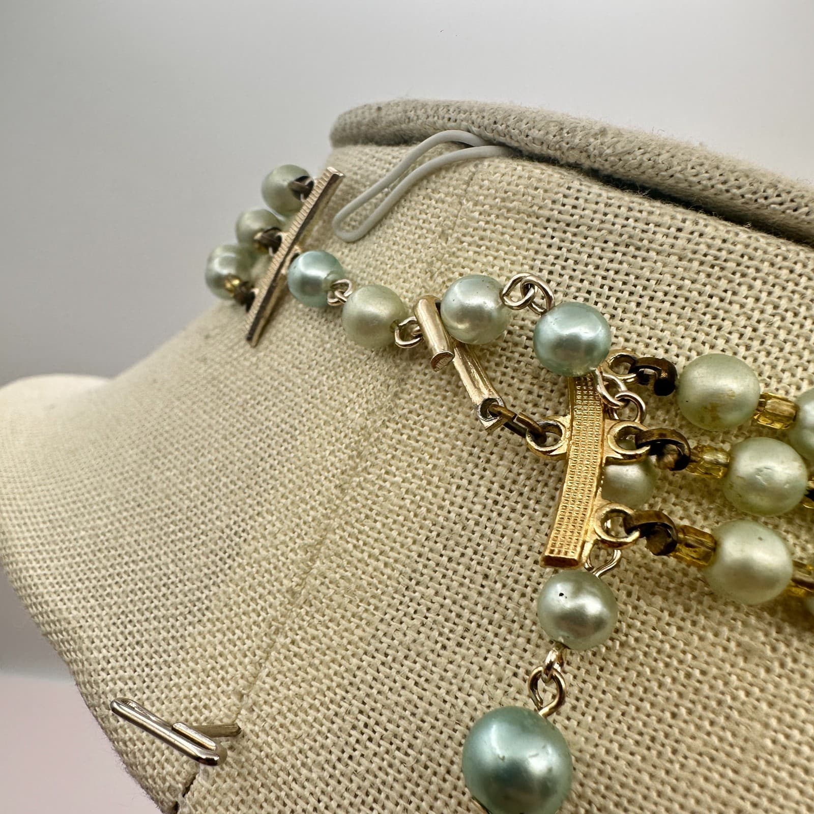 Vintage Y2K Multi Strand Faux Pearl Beaded Gold Tone Necklace Statement Jewelry - Thumbnail 7