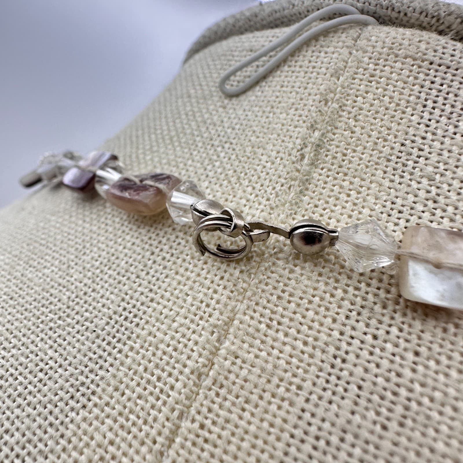 Vintage 90s Square Tile Shell Glass Beaded Choker Necklace Silver Tone Jewelry - Thumbnail 6
